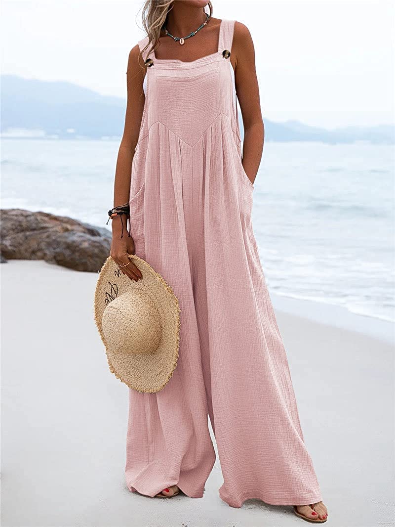 Women's Wide Leg Overalls - Sleeveless Jumpsuit with Pockets | Loose Comfortable Baggy Suspender Romper | Casual Summer Outfit for Beach, Travel & Streetwear