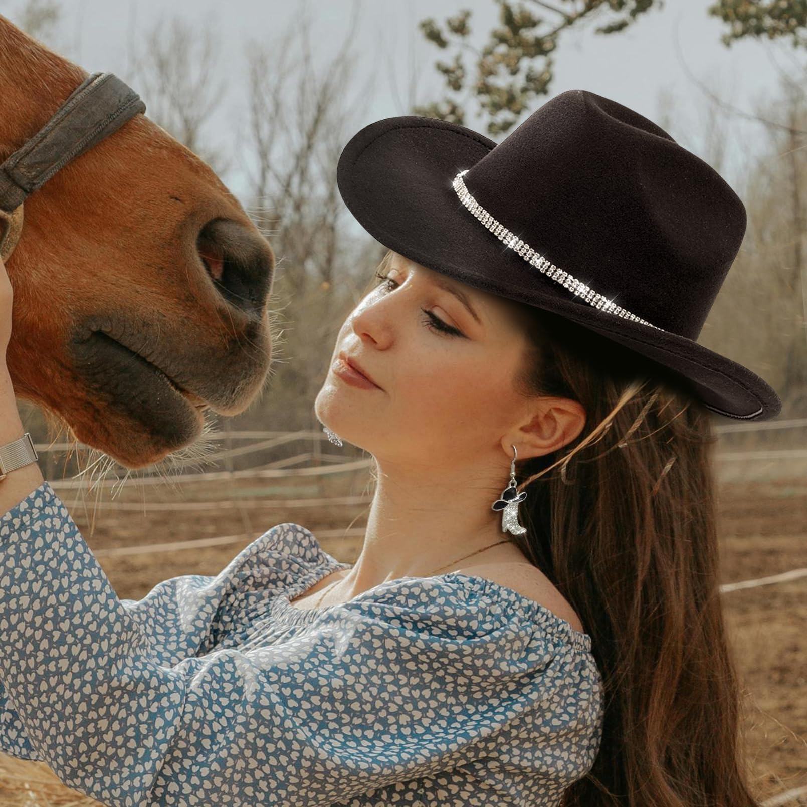 Western Cowgirl Boots & Rhinestone Earrings Set with Felt Fedora Hat - Women's Rodeo Outfit Size M - Perfect for Country Concerts, Line Dancing & Cowboy Themed Parties