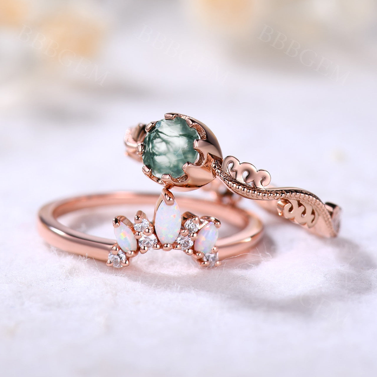 Natural Moss Agate Opal Diamond Engagement Ring Set - Vintage Art Deco Style Wedding Band for Bride - Perfect for Proposals, Anniversaries & Special Occasions