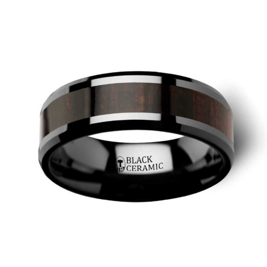 UMBRA Black Ebony Wood Inlaid Ceramic Wedding Band Ring - 8mm Wide Beveled Edge Design for Men & Women - Perfect for Anniversaries, Engagements and Everyday Wear