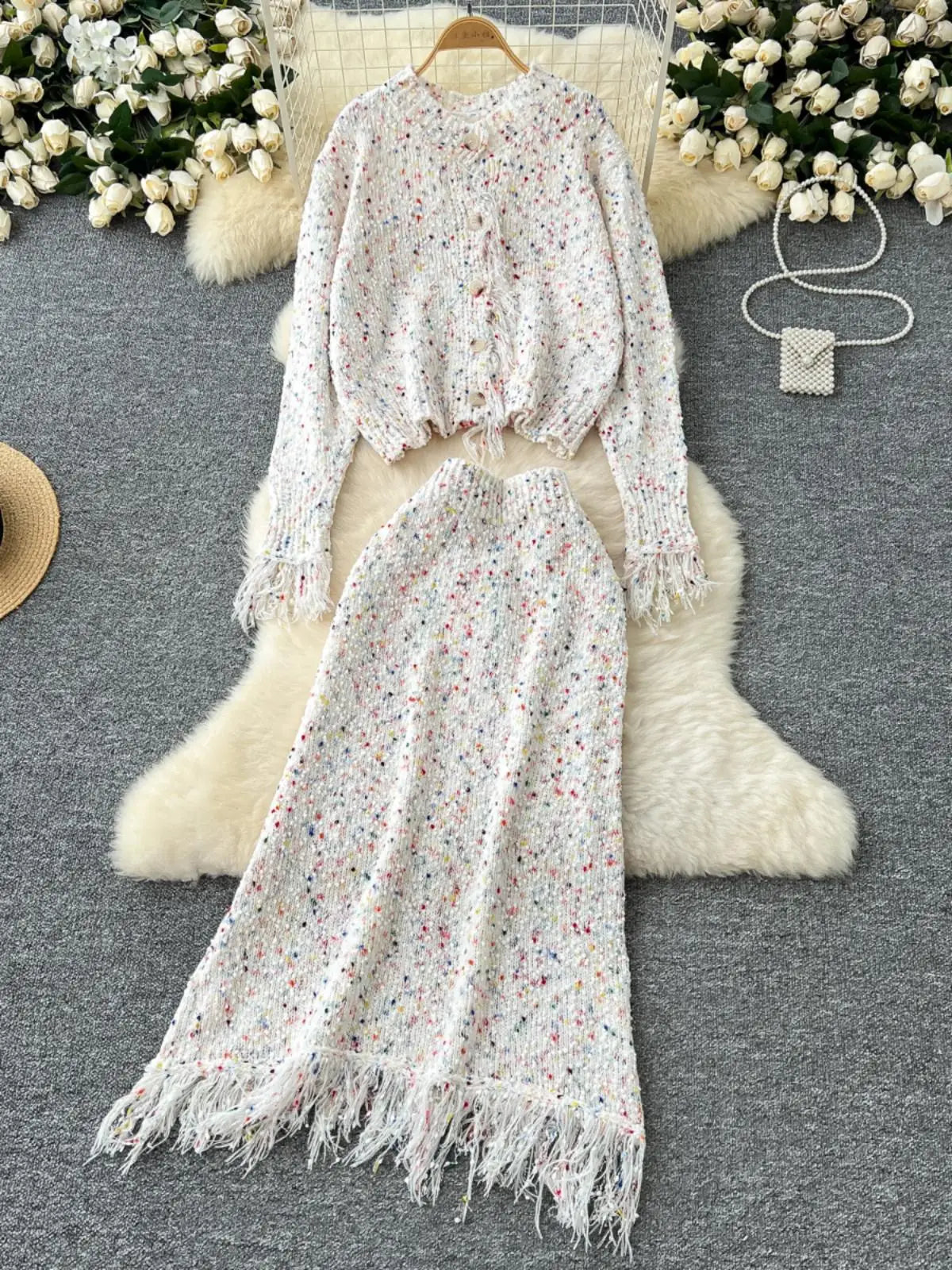 2024 New Women's Autumn Winter Sweet Colorful Elegant Long Sleeve Slim Knit Sweater & High Waist Tassel Skirt 2-Piece Set - Perfect for Office, Date Night and Holiday Parties