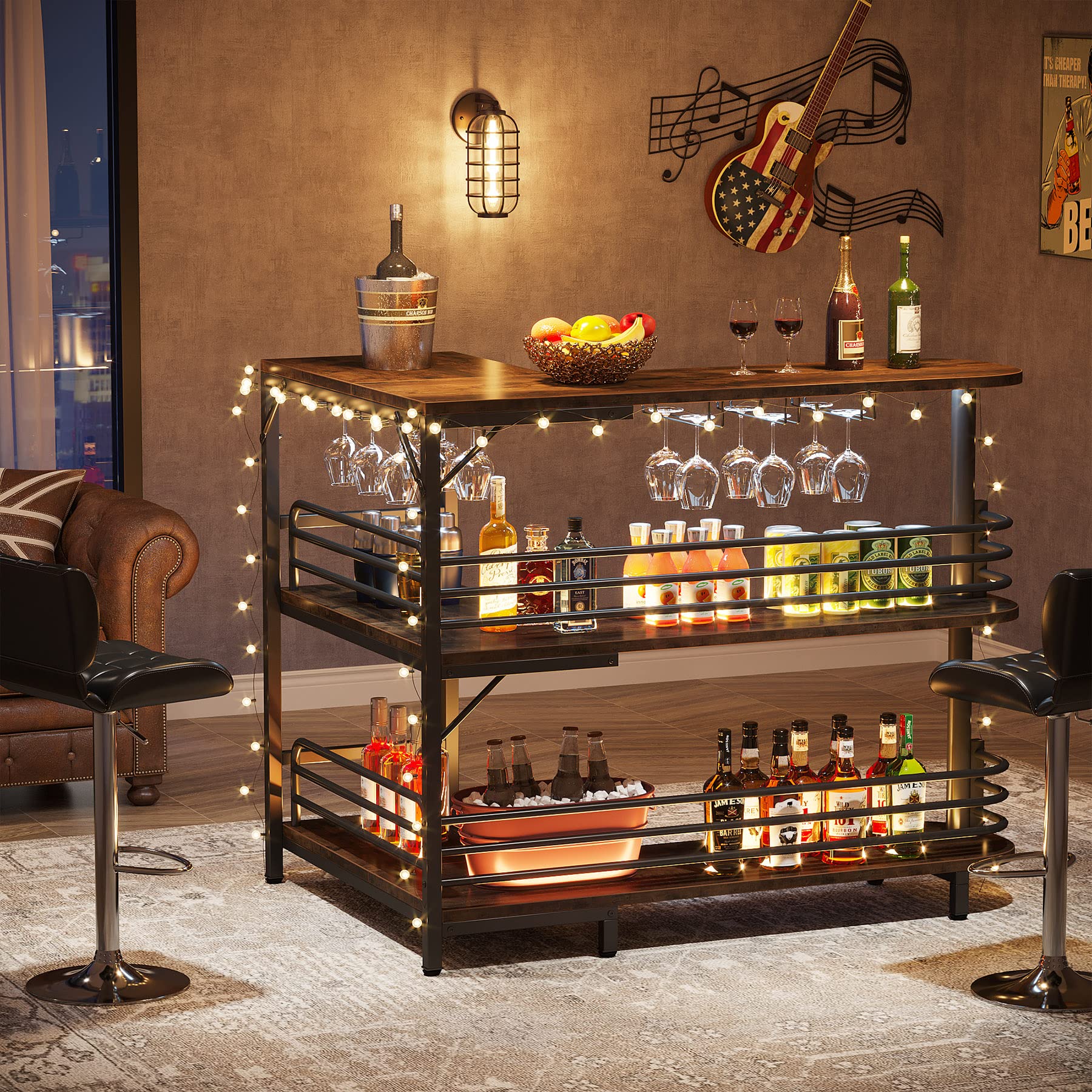 Tribesigns Industrial L-Shaped Home Bar Unit - 3-Tier Corner Liquor Cabinet with Storage Shelves & Wine Glass Holder - Rustic Brown Mini Bar for Kitchen, Living Room, Home Pub & Entertainment Spaces