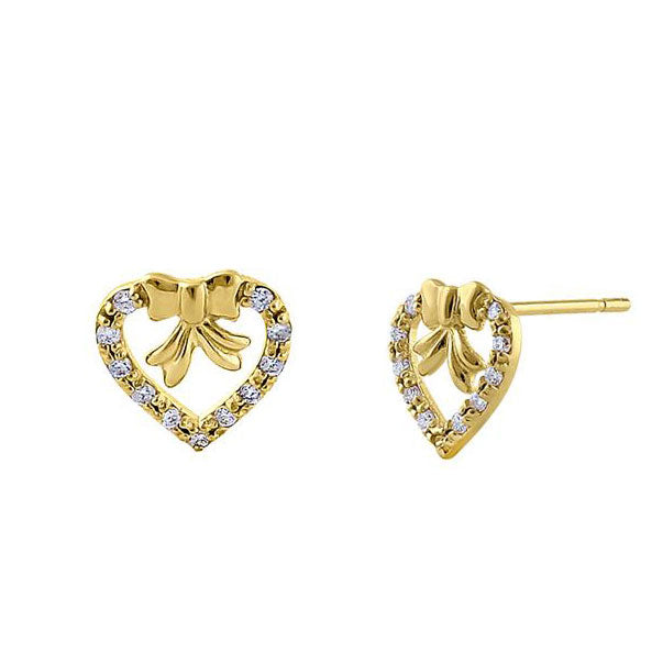 14K Yellow Gold Ribbon & Heart Diamond Earrings for Women - Elegant Dangle Drop Earrings for Valentine's Day, Anniversary, Wedding & Special Occasions