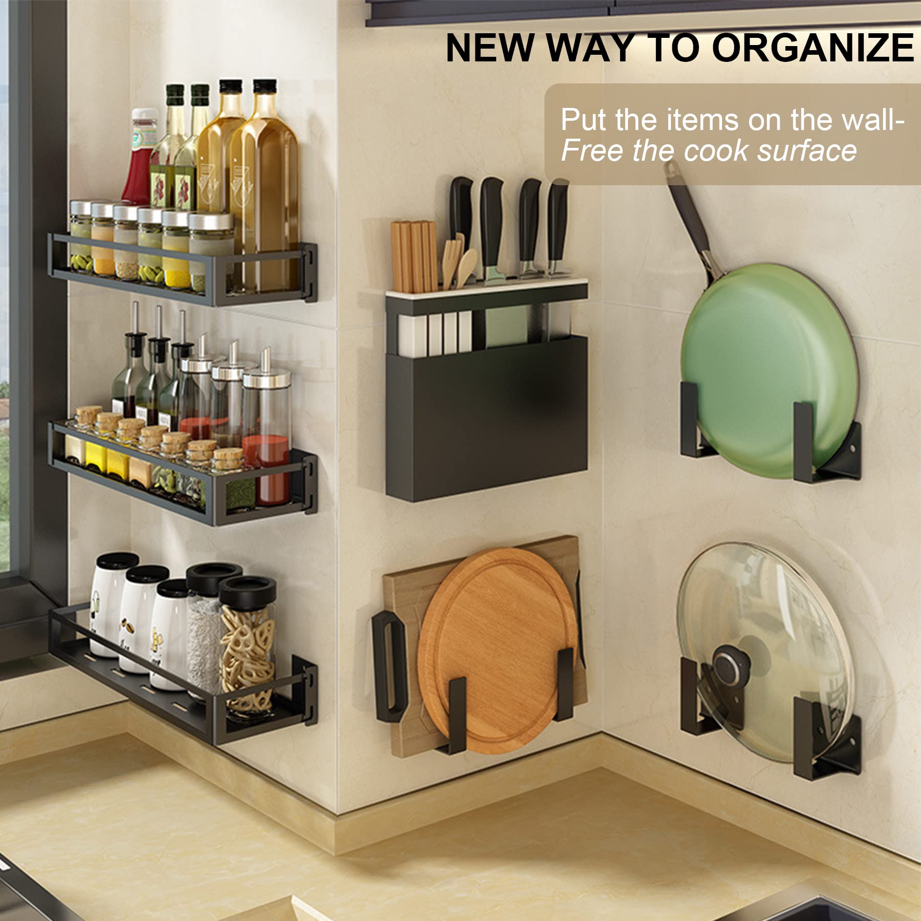 Wall Mounted Kitchen Organizer & Storage Rack - Space Saving Pot Lid Holder, Pan Rack & Utensil Organizer for Seasonings, Silverware, Cutting Boards & Dishes | Perfect for Small Kitchens & Apartment Cooking