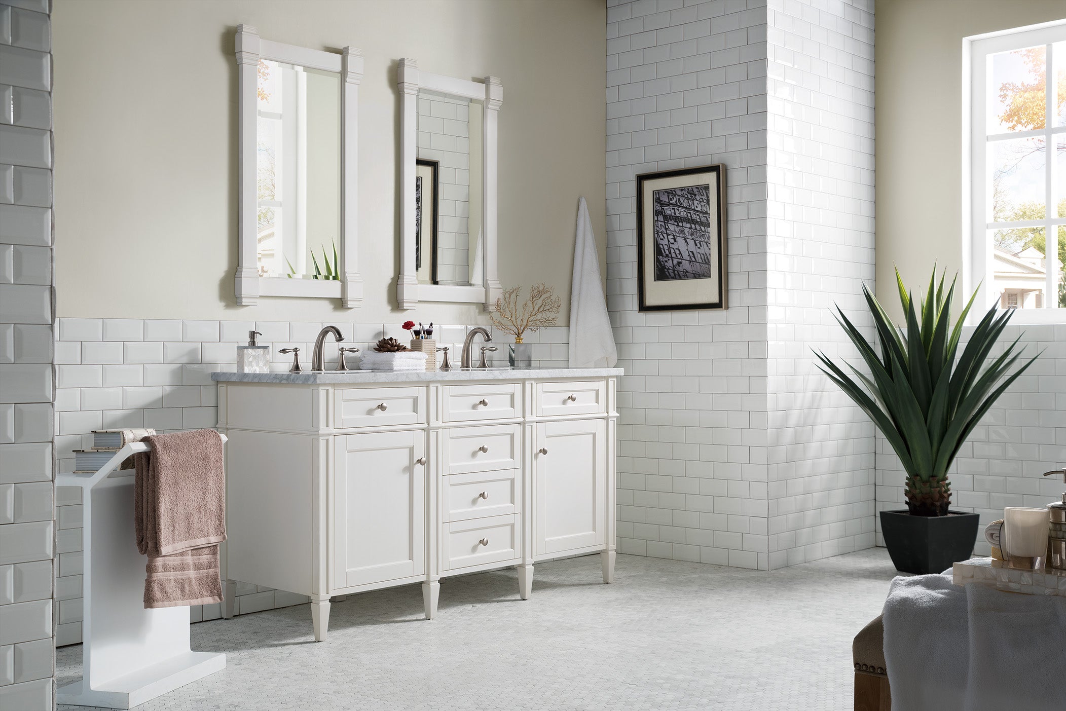 Brittany 60-Inch Bright White Double Bathroom Vanity with 3CM Carrara Marble Top - Perfect for Master Bathroom Renovation & Modern Home Decor