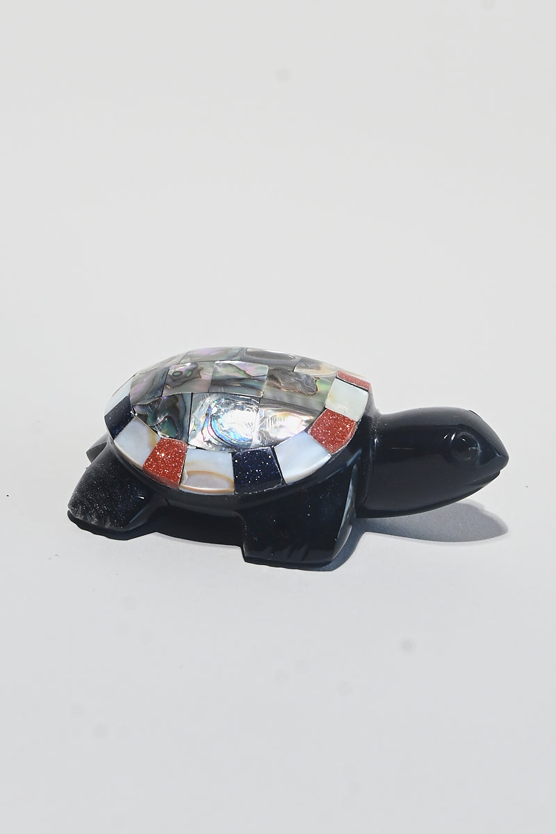 Handmade Obsidian Crystal Inlay Turtle Figurine - Spiritual Healing Stone, Meditation Decor, Feng Shui Gift for Home & Office