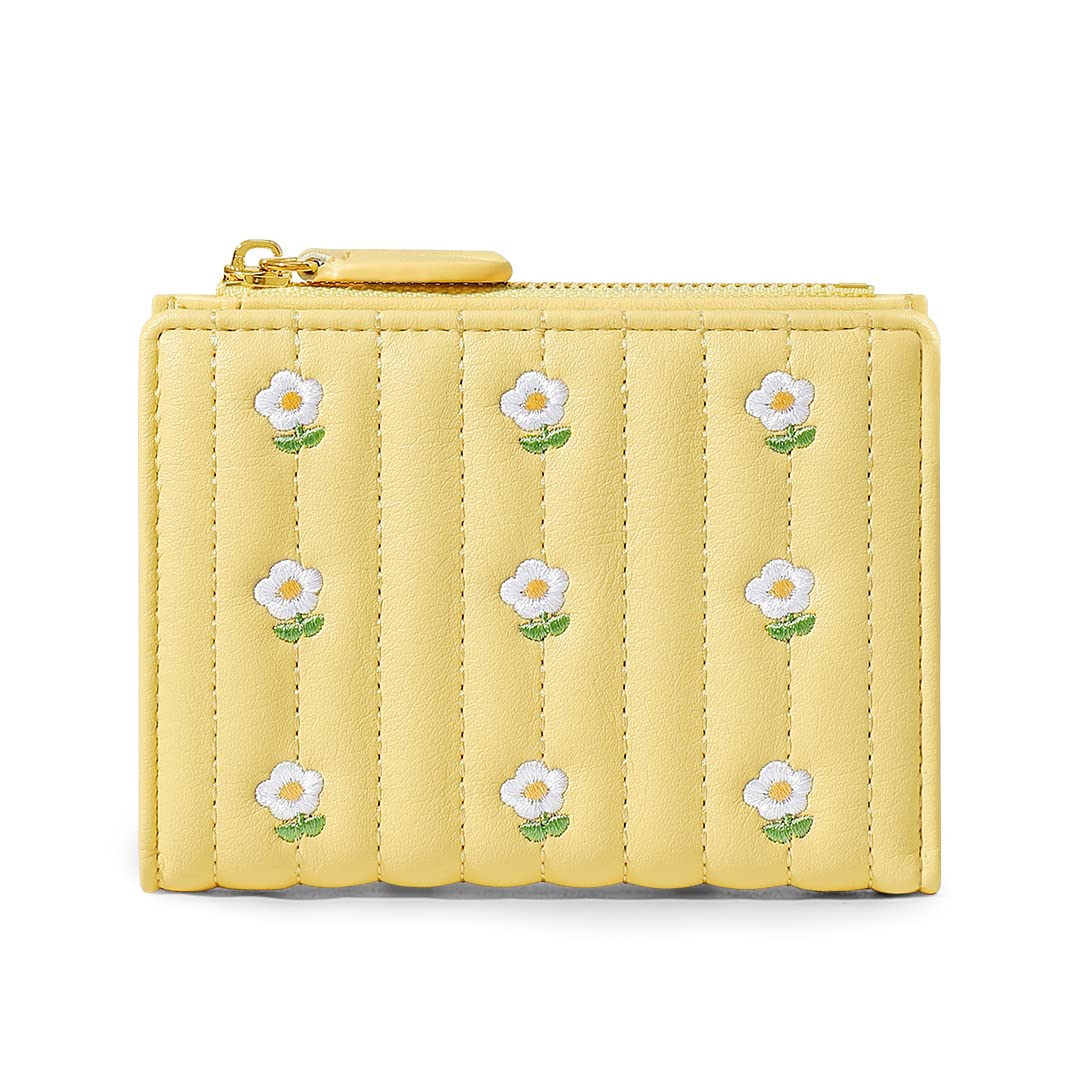MEISEE Women's Tri-Fold Wallet with ID Window - Elegant Floral Design, Cash Pocket & Card Holder for Girls & Women | Perfect for Everyday Use, Travel & Gifting (Yellow)