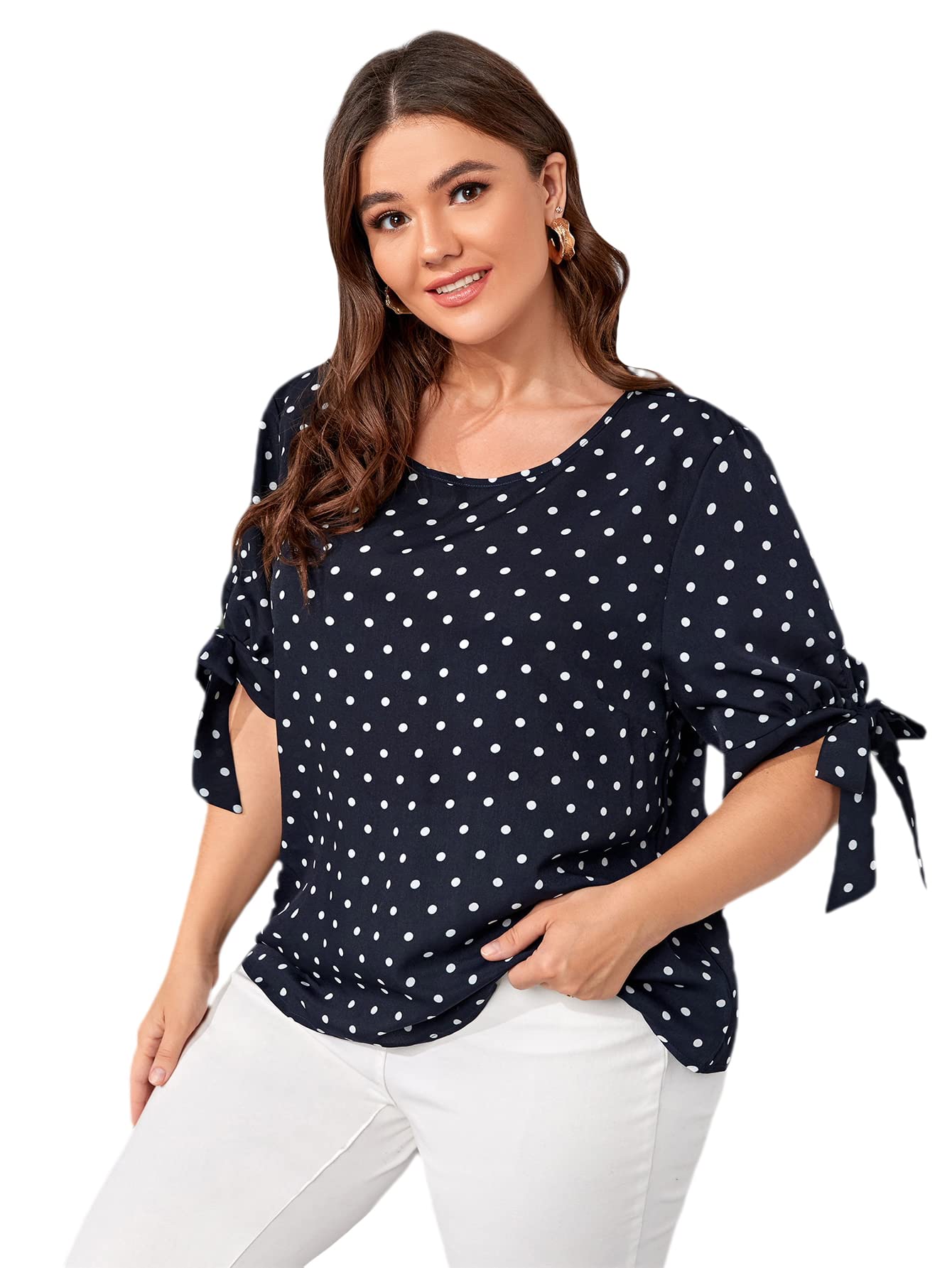 Romwe Women's Plus Size Polka Dot Knotted Short Sleeve Blouse - Office Work Tops for Professional & Casual Wear | Perfect for Business Meetings, Office Outfits & Everyday Fashion