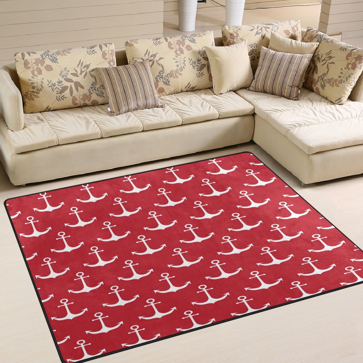 ALAZA White Nautical Anchor Red Area Rug 7' x 5' - Non-Slip Living Room & Bedroom Rug for Coastal Decor, Dorm Room, or Beach House Style