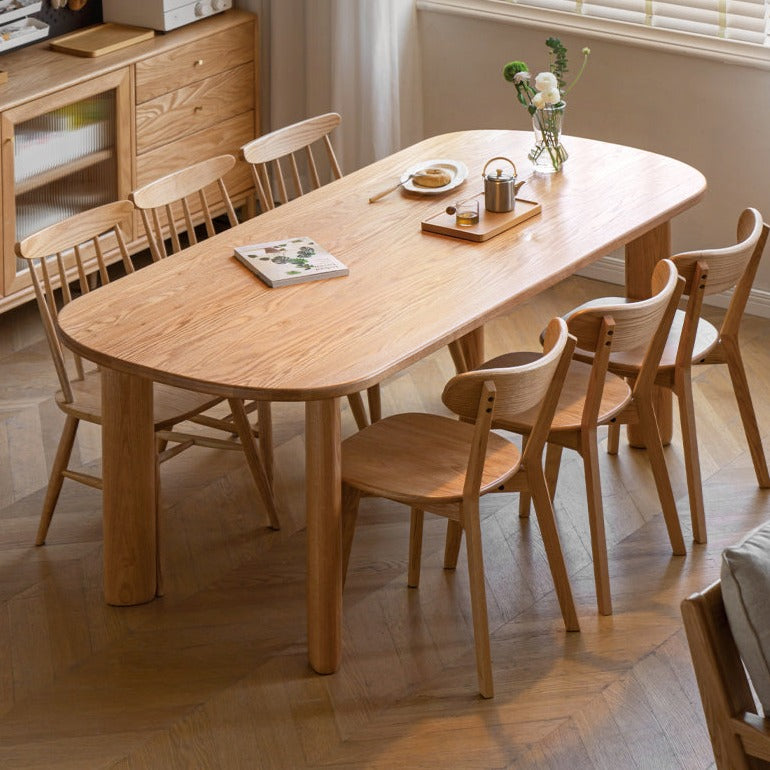 Solid Oak Wood Round Corner Long Dining Table - Rustic Farmhouse Style for Family Gatherings & Dinner Parties