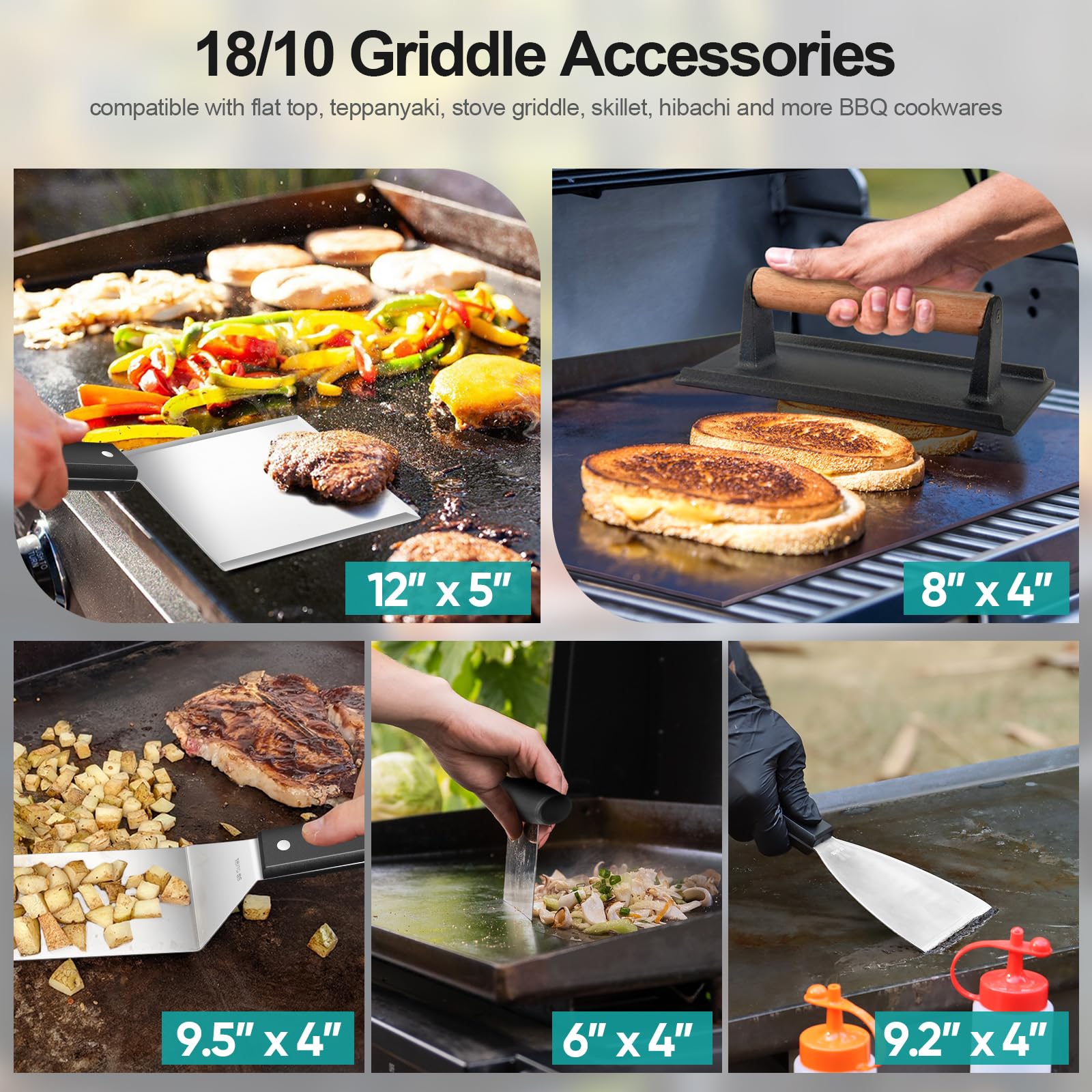 **HaSteeL 25-Piece Griddle Accessories Kit - 18/10 Stainless Steel Flat Top Grill Set with Metal Spatula & Basting Cover - Rust-Free & Dishwasher Safe for Outdoor, Indoor, Teppanyaki, BBQ, Camping & Backyard Cooking**    *(Perfect for Grilling, Searing, Flipping Burgers, Pancakes & Stir-Fry at Home, Tailgates or Picnics!)*