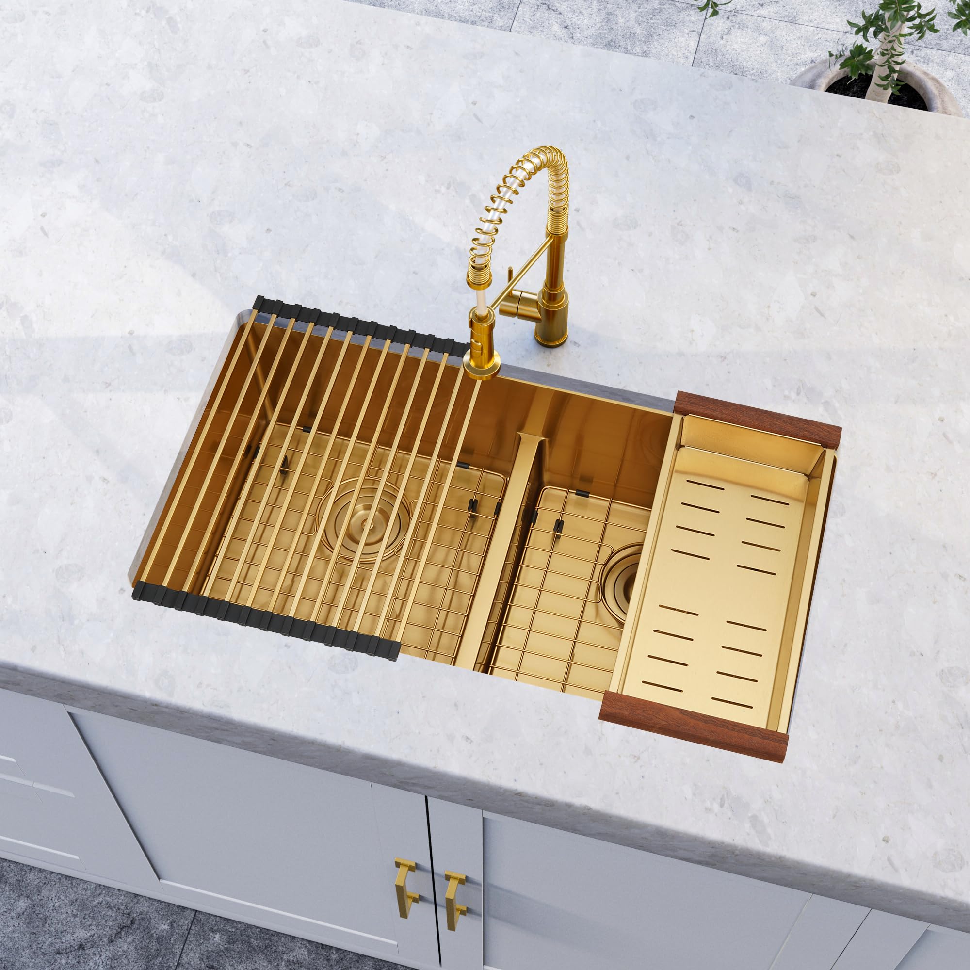 Premium 16 Gauge Stainless Steel Undermount Kitchen Sink - 50/50 Double Bowl Gold Finish with Accessories (32