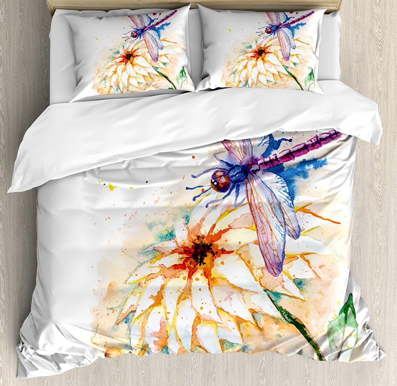 Dragonfly 3-Piece Full Bedding Set - Soft Comforter, Duvet Cover & 2 Decorative Pillowcases - Watercolor Lily Flower Design for Kids, Teens & Adults | Perfect for Nursery, Guest Room & Cozy Bedroom Decor
