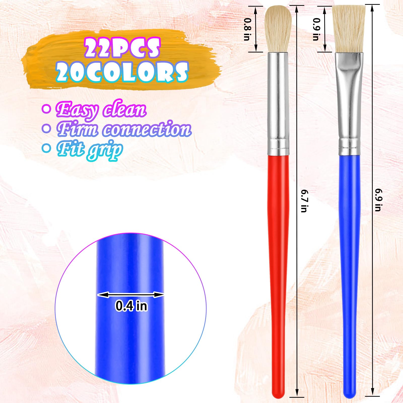 22 Pcs Kids Paint Brush Set - Round & Flat Brushes for Toddlers & Preschoolers - Easy Grip & Washable for Acrylic, Oil & Watercolor Painting - Perfect for Art Class, DIY Projects & Home Crafting