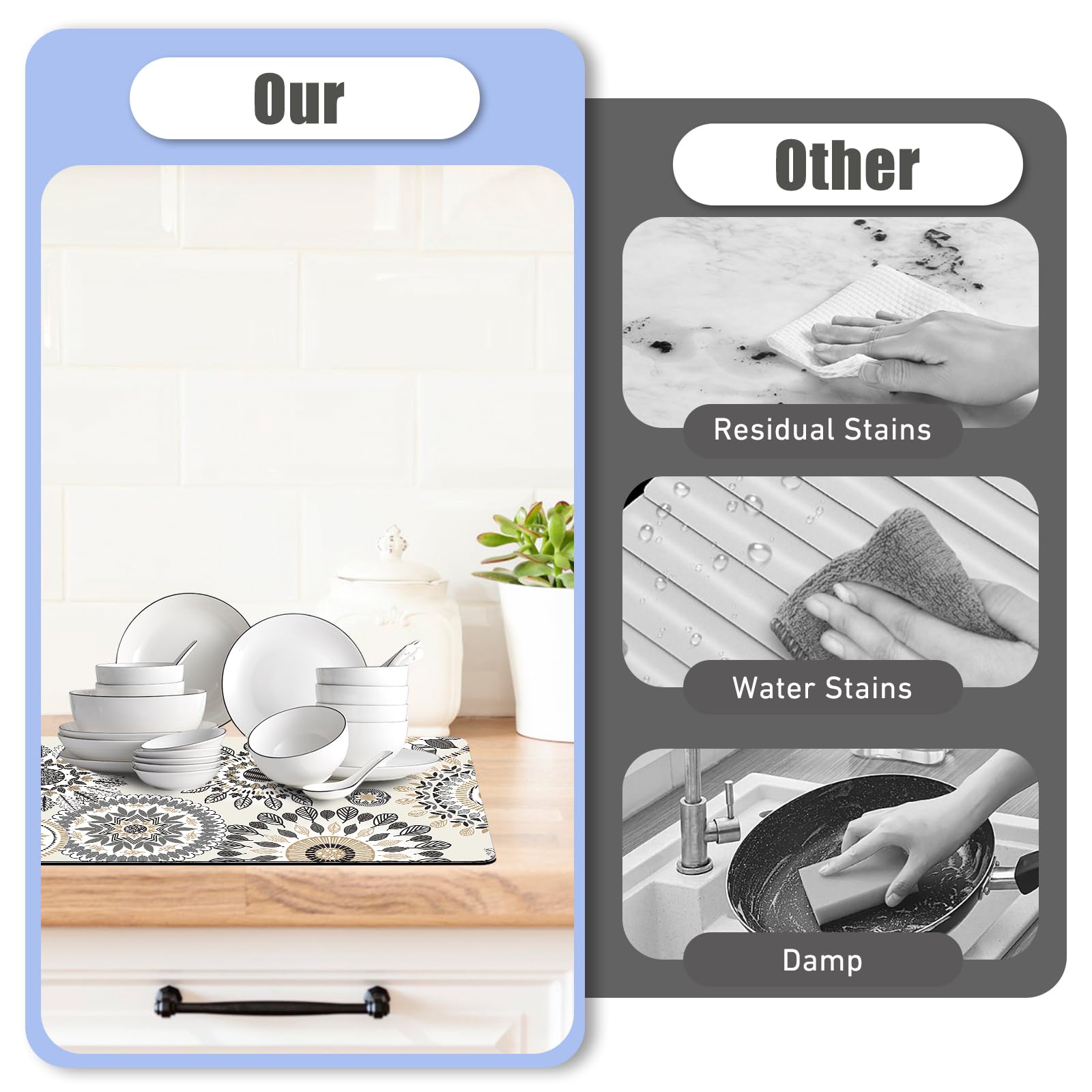 Premium Absorbent Dish Drying Mat with Non-Slip Rubber Backing - 16