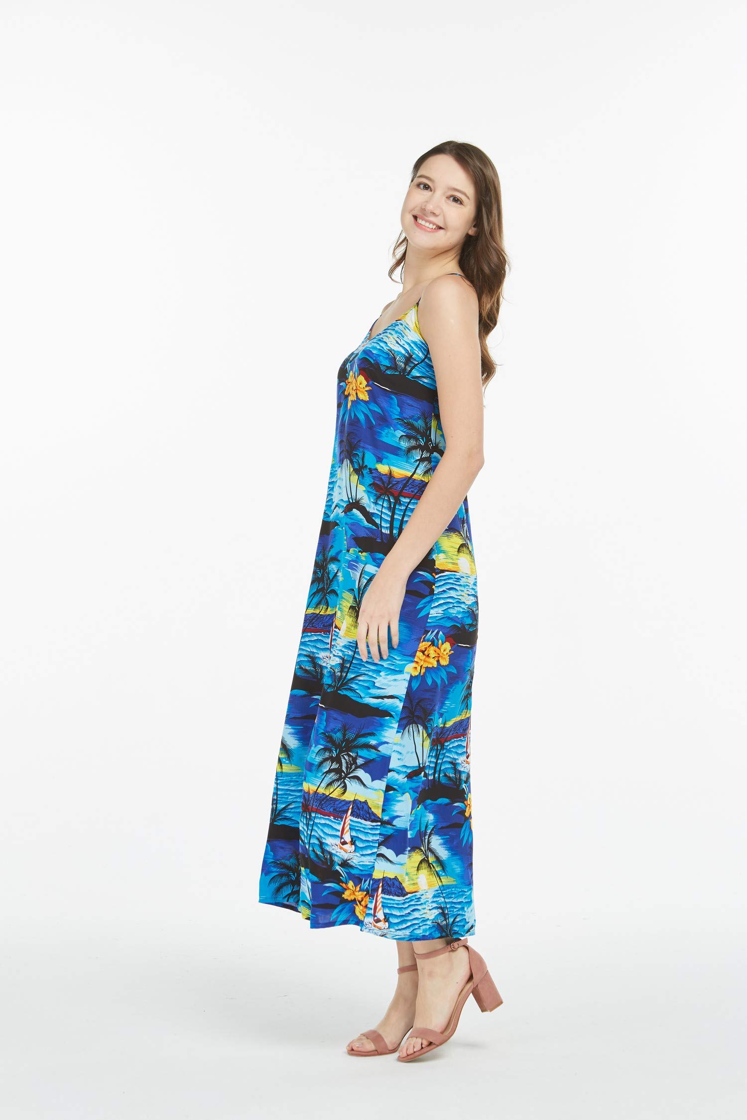 Women's Hawaiian Luau Sunset Blue Maxi Sweetheart Dress - Floral Summer Beach Dress for Tropical Vacation, Pool Party & Island Getaway