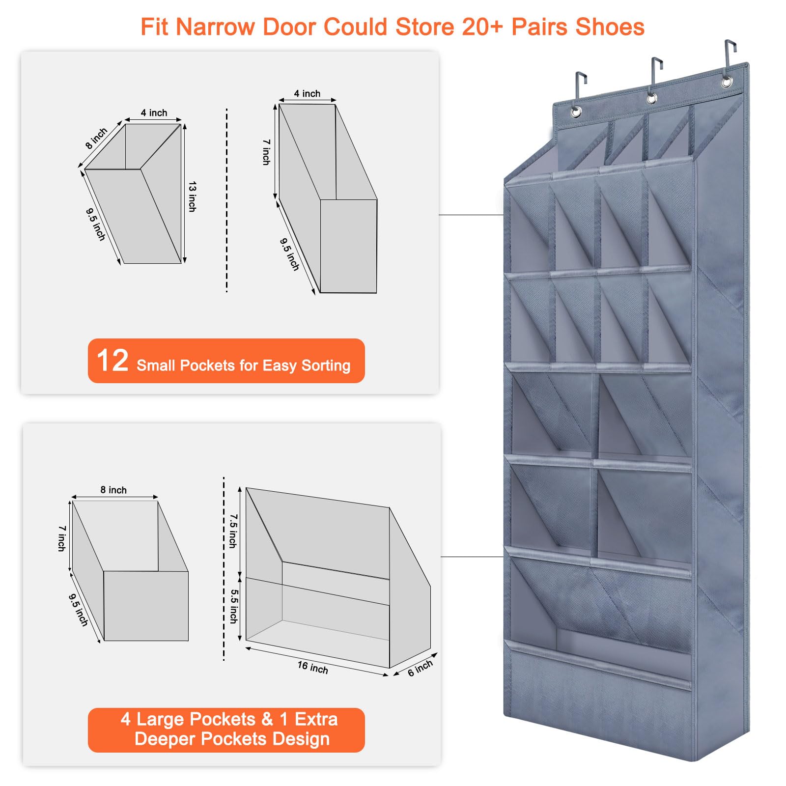 Over the Door Shoe Organizer - 17 Pocket Hanging Shoe Rack with Large Pockets, Space Saving Grey Closet Storage - Perfect for Bedroom, Closet, Entryway & Small Space Organization