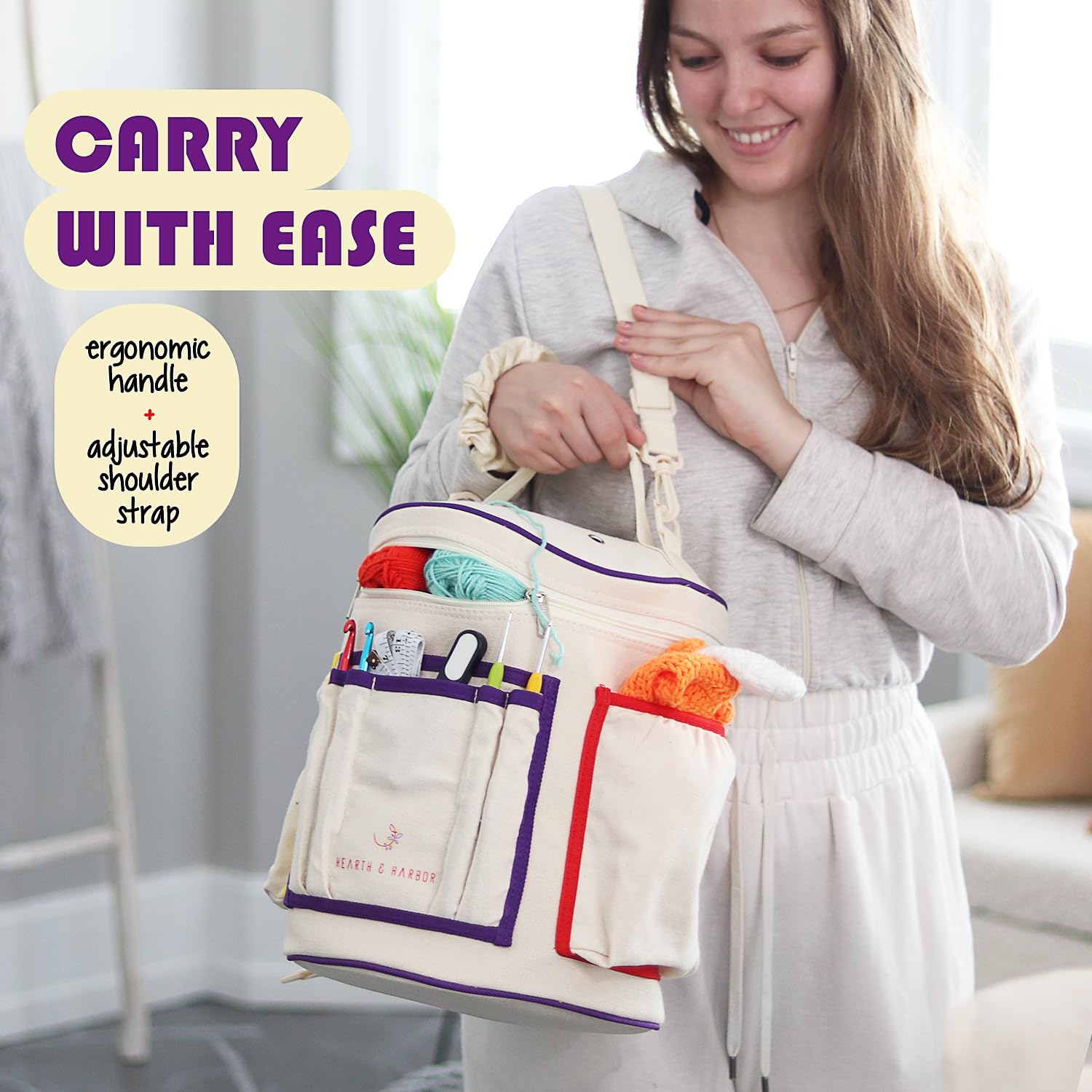 Hearth & Harbor Crochet Bag Organizer - Durable Knitting Yarn Storage Bag with Accessories Case | Perfect for Crochet Supplies, Needlework Projects & Craft Organization | Portable for Travel, Home & On-the-Go Knitting