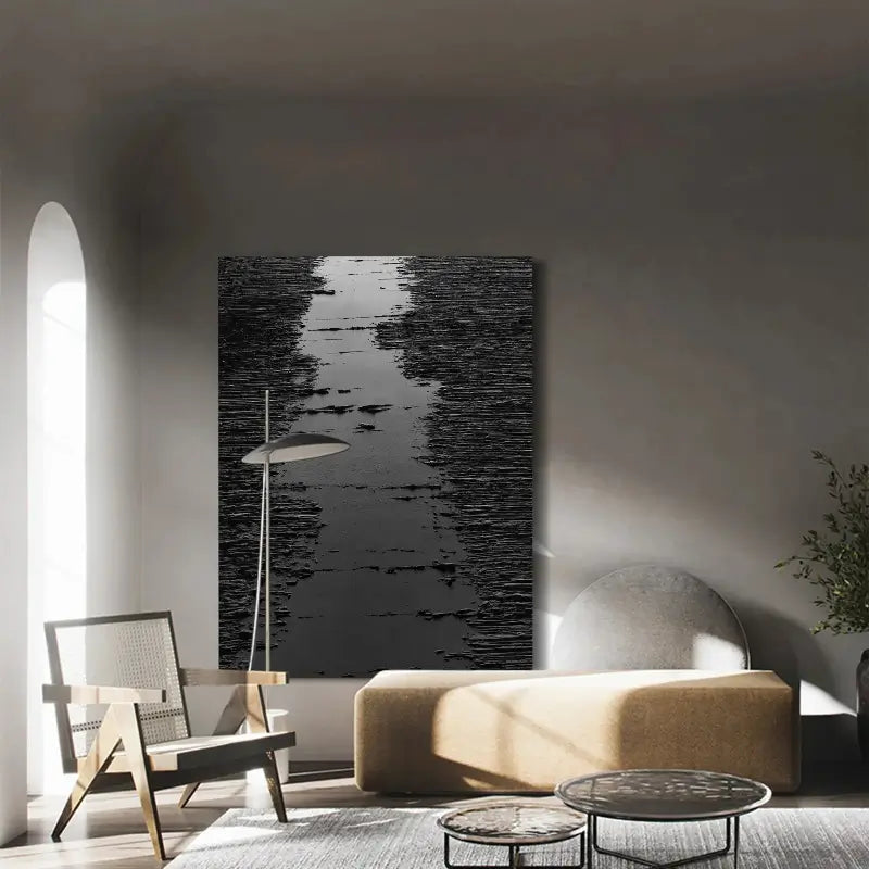 Modern Black Minimalist Textured Canvas Wall Art Painting - Abstract Home Decor for Living Room, Bedroom & Office | #MZ008