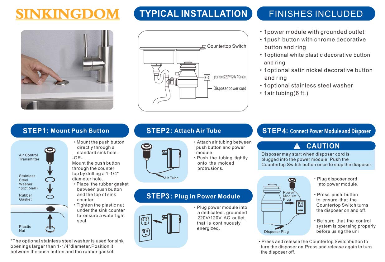 Garbage Disposal Air Switch Kit with Long Button - Oil Rubbed Bronze Brass Cover for Kitchen Sink, Easy Installation & Hands-Free Operation - Perfect for Home, Restaurant, and Commercial Use
