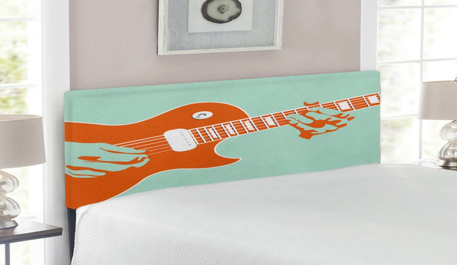 Ambesonne Vintage Guitar Headboard - Upholstered Metal Bed Frame with Memory Foam for Queen Size Beds in Mint Green & Orange | Perfect for Musicians' Bedrooms, Music Studio Decor & Bohemian Home Design