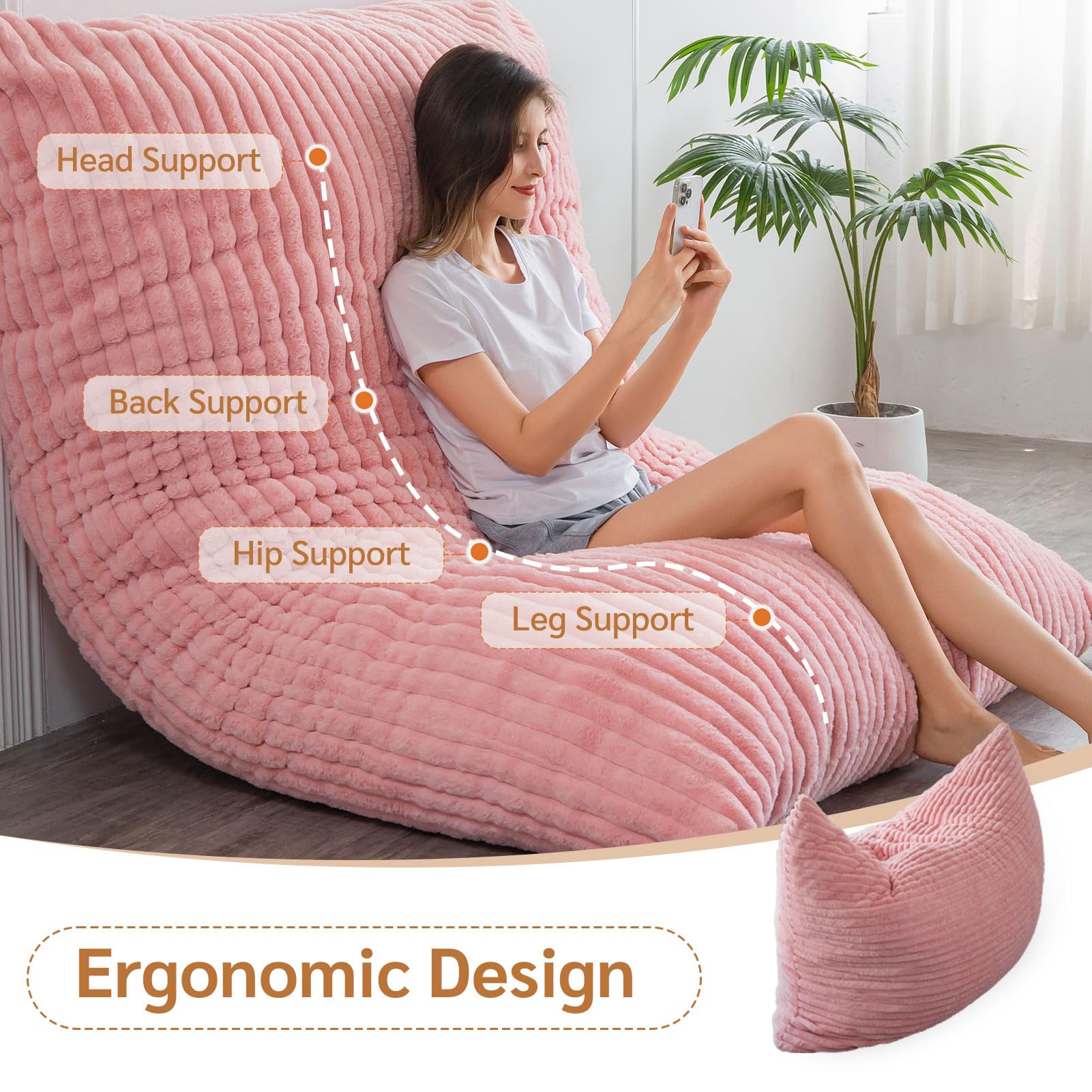 MAXYOYO 3-in-1 Convertible Bean Bag Chair - Soft Striped Faux Fur Large Floor Pillow for Kids & Adults - Pink - Perfect for Bedroom, Living Room & Dorm Room Relaxation