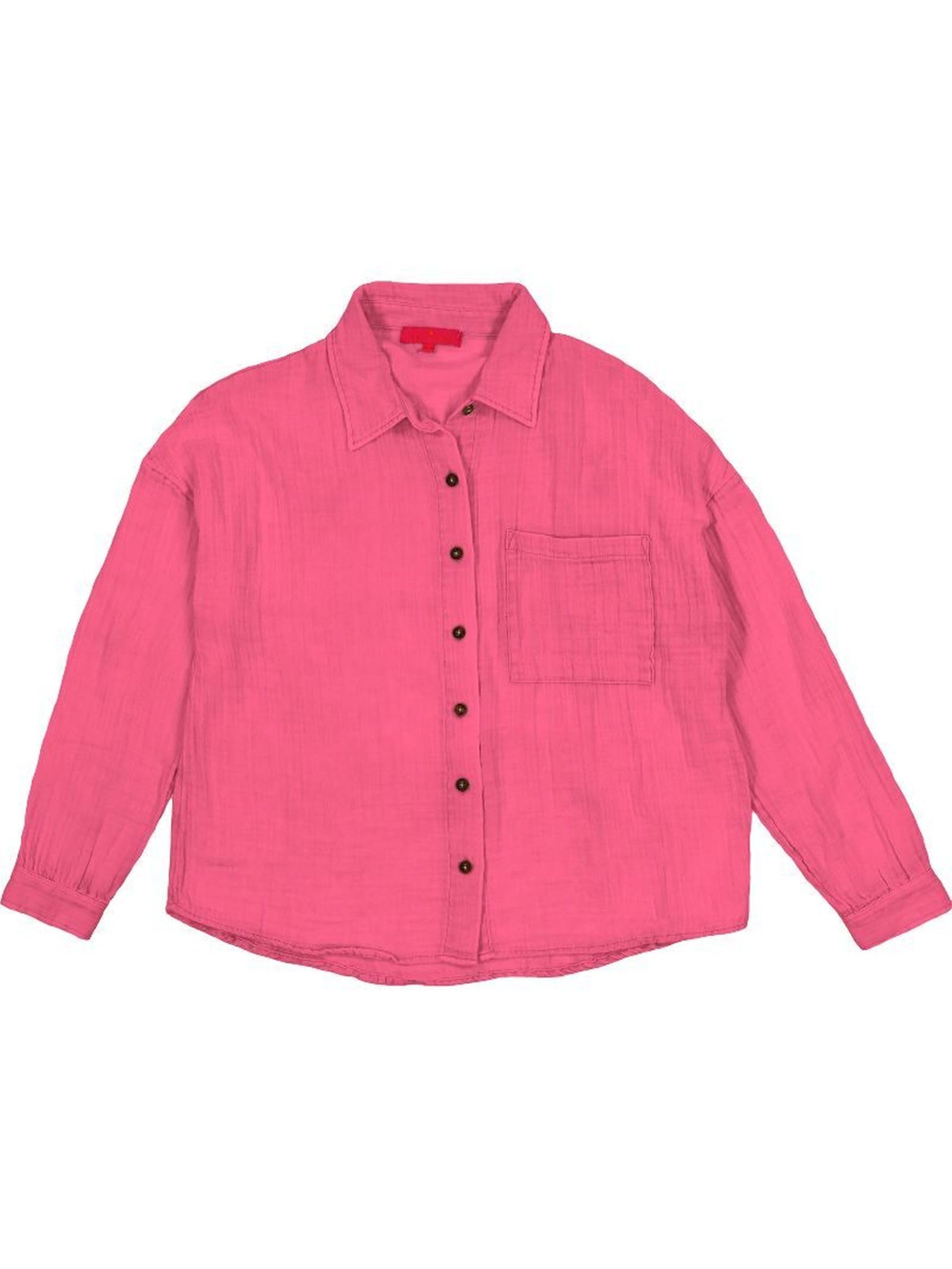 Simply Southern Women's Hot Pink Long Sleeve Gauze Button Down Shirt - Casual Boho Blouse for Spring & Summer Outings, Beach Cover-Up, or Music Festivals