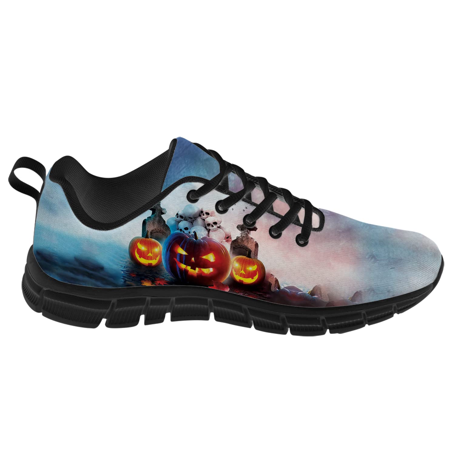 Halloween Themed Men's & Women's Running Shoes - Scary Pumpkin Lantern Skull Design Sneakers for Walking, Tennis & Jogging - Comfortable Gifts for Friends & Family - Men Size 9/Women Size 10.5 in Blue & White - Perfect for Halloween Parties, Costume Events & Spooky Night Runs
