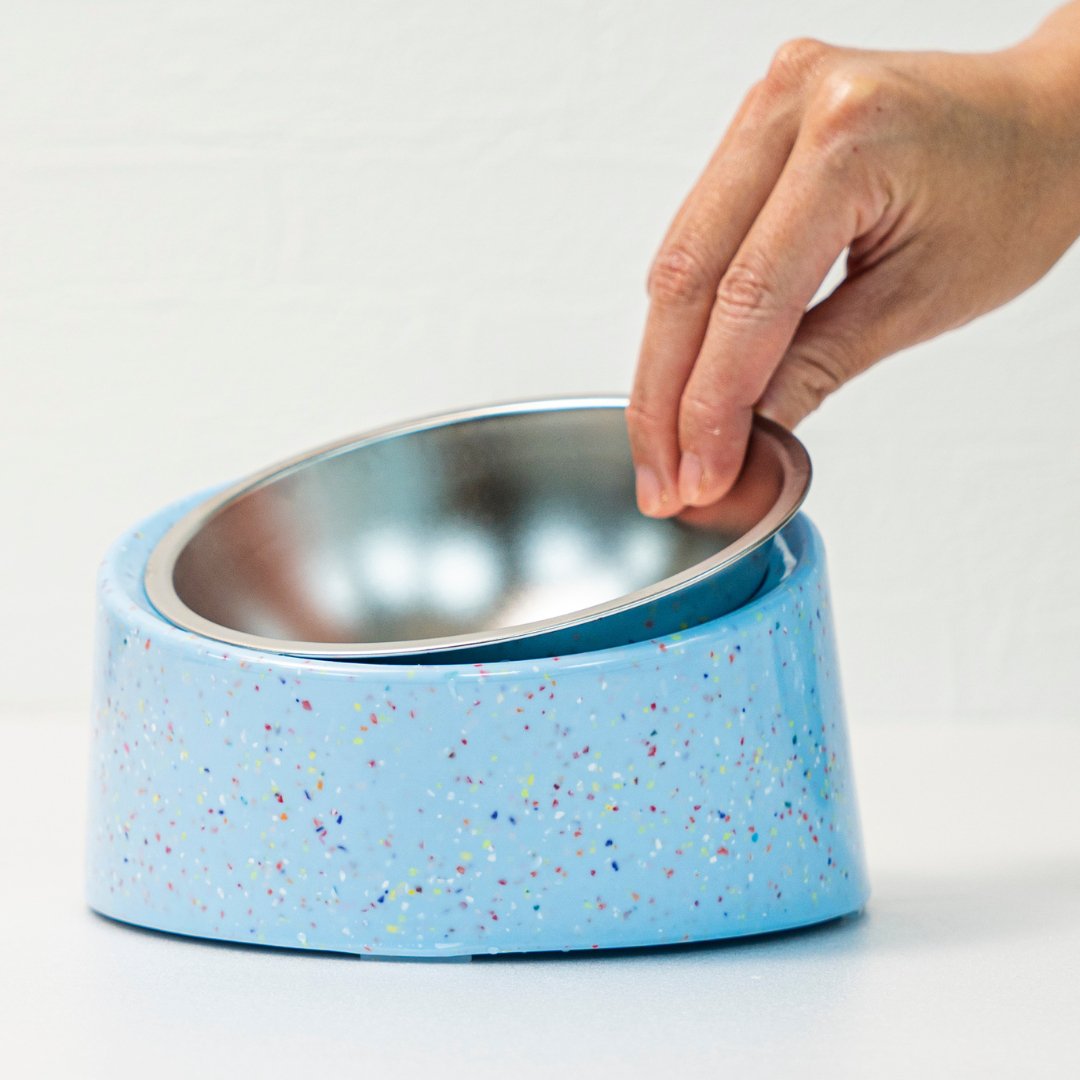 Bzyoo 16oz Tilted Dog Bowl for Small Dogs & Cats - Non-Slip Slow Feeder, Ergonomic Design for Better Digestion, Perfect for Puppies & Kittens - Blue (Ideal for Home, Travel & Vet Visits)