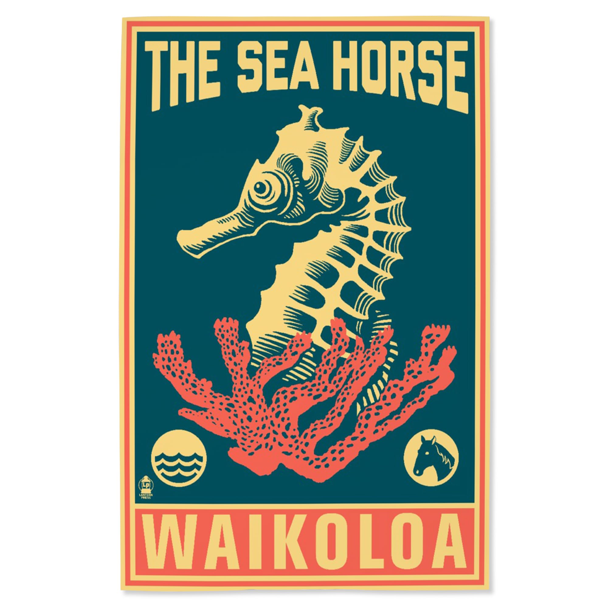 Lantern Press 16x24 Inch Giclee Art Print - Waikoloa Hawaii Seahorse Woodblock in Blue & Pink | Coastal Wall Decor for Beach House, Living Room & Office