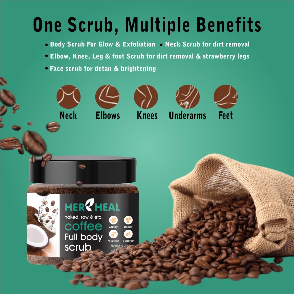 Her Heal Coffee Tan Removal Body Scrub for Men & Women | Exfoliating Bath Scrub with Argan & Coconut Oil for Smooth Soft Skin - 100g (Pack of 1) | Perfect for Post-Workout, Spa Day & Dry Skin Care Routine