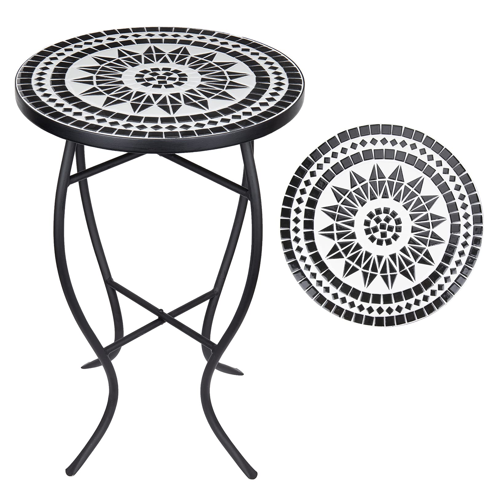 Vipush Black Mosaic Folding Round Side Table - Outdoor Accent Coffee Table & Plant Stand for Patio, Porch, Balcony, Backyard | Perfect for Small Spaces, Bistro Setting & Indoor Decor