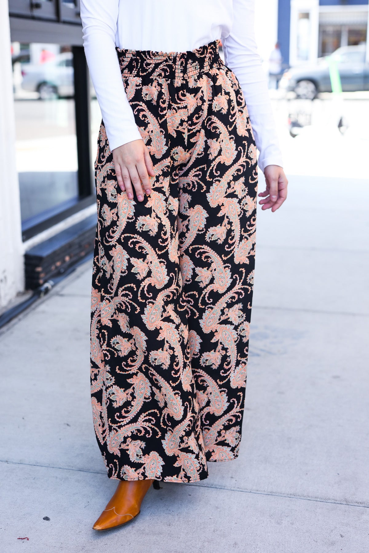 Black Paisley Print Smocked Waist Palazzo Pants for Women - Fall Fashion Wide Leg Trousers with Elastic Waistband | Perfect for Autumn Outfits, Office Wear & Casual Chic Looks