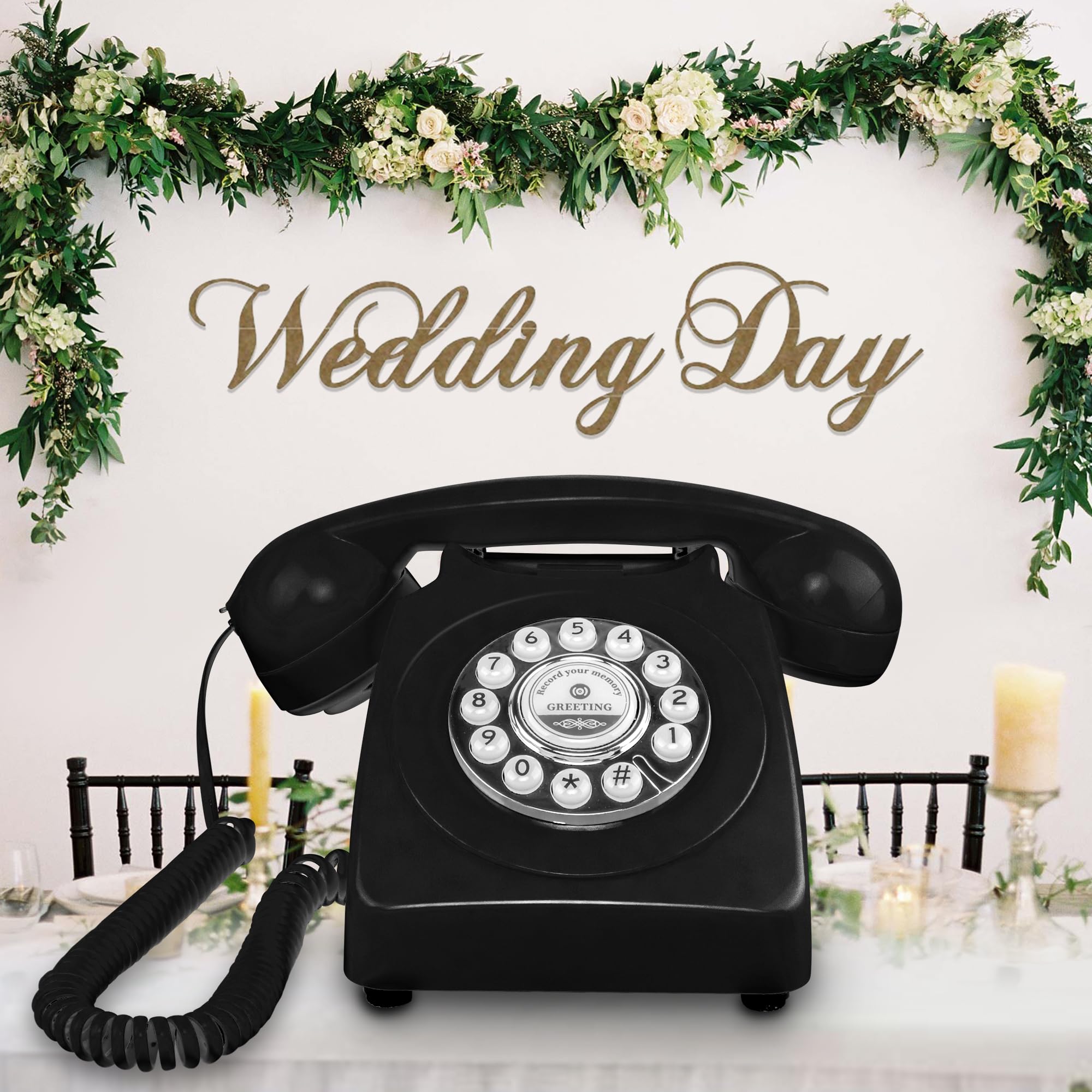 Vintage Rotary Dial Audio Guest Book Phone - Record Custom Wedding & Birthday Messages - Retro Voicemail Greeting Device for Wedding Receptions, Anniversaries & Special Events (Black)