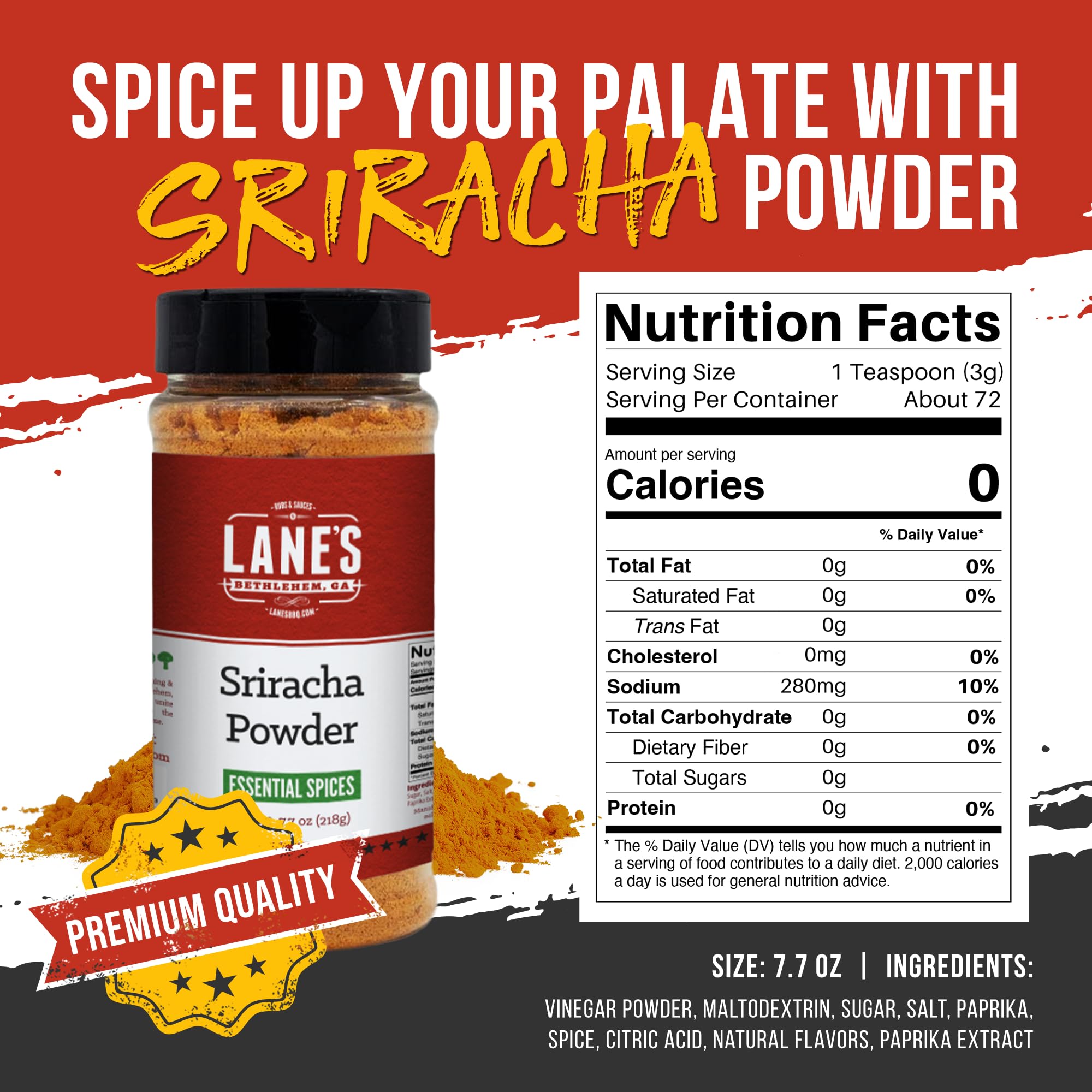 **Lane's Sriracha Seasoning Powder - All-Natural Spice Blend for Cooking, Grilling & Seasoning | Perfect for Meat, Vegetables & Snacks | Made in USA | 7.7 Oz | Great for BBQ, Popcorn & Meal Prep**