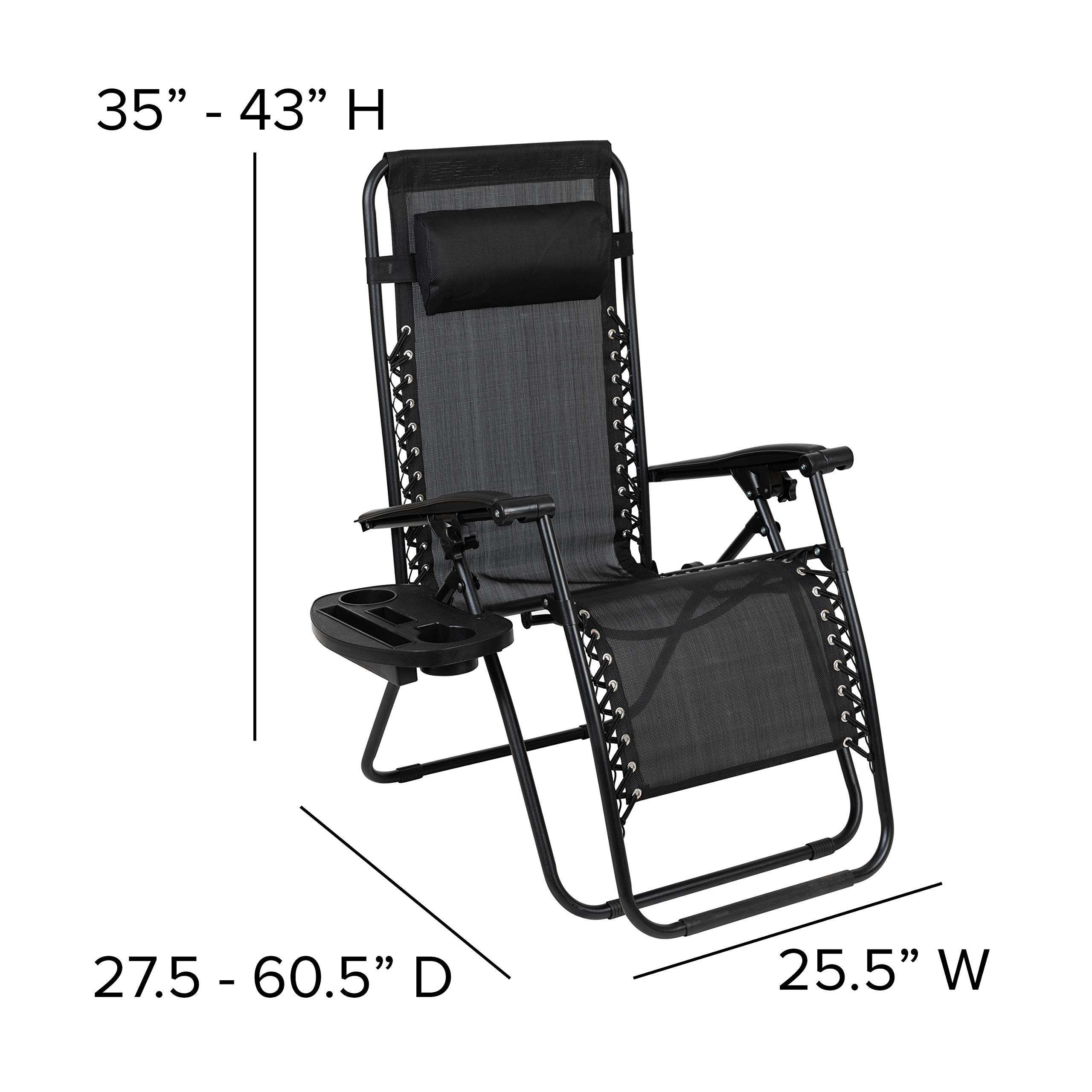 EMMA + OLIVER 2 Pack Adjustable Zero Gravity Lounge Chairs with Mesh Fabric & Cup Holder Tray - Outdoor Patio Furniture for Poolside, Beach, Garden Relaxation - Black