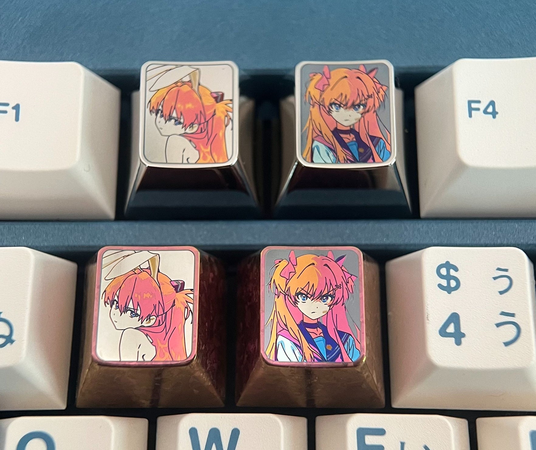 Custom EVA Asuka Dual Expression 1U Keycaps - Titanium Alloy Metal Artisan Keycaps for Mechanical Keyboards - Perfect for Gaming, Typing & Anime Fans