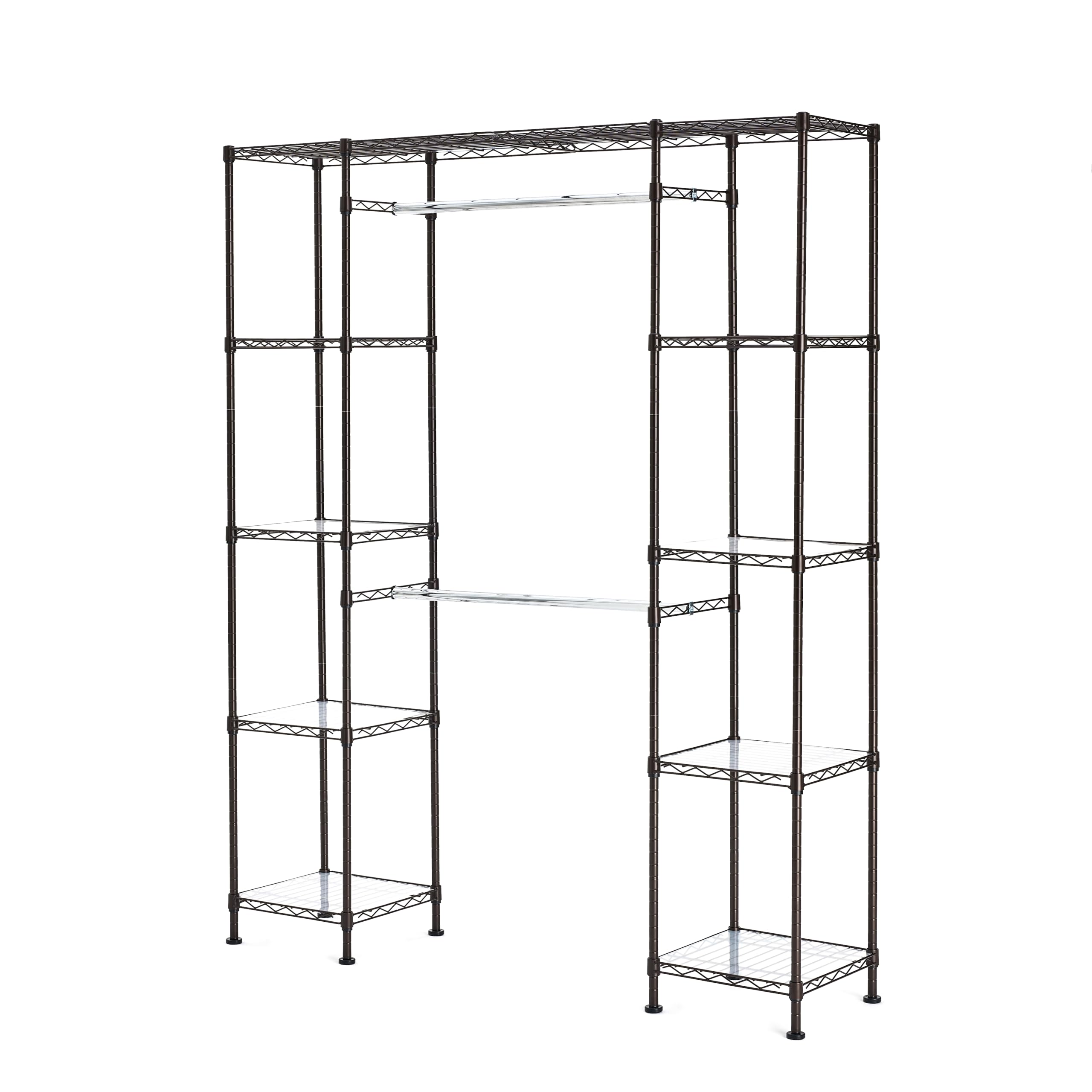 Amazon Basics Expandable Metal Hanging Closet Organizer - Adjustable Wardrobe Storage Rack with Shelves, 57-80 Inches Length, 14 Inches Width, 72 Inches Height, Bronze Finish - Perfect for Bedroom, Closet, Laundry Room & Dorm Organization