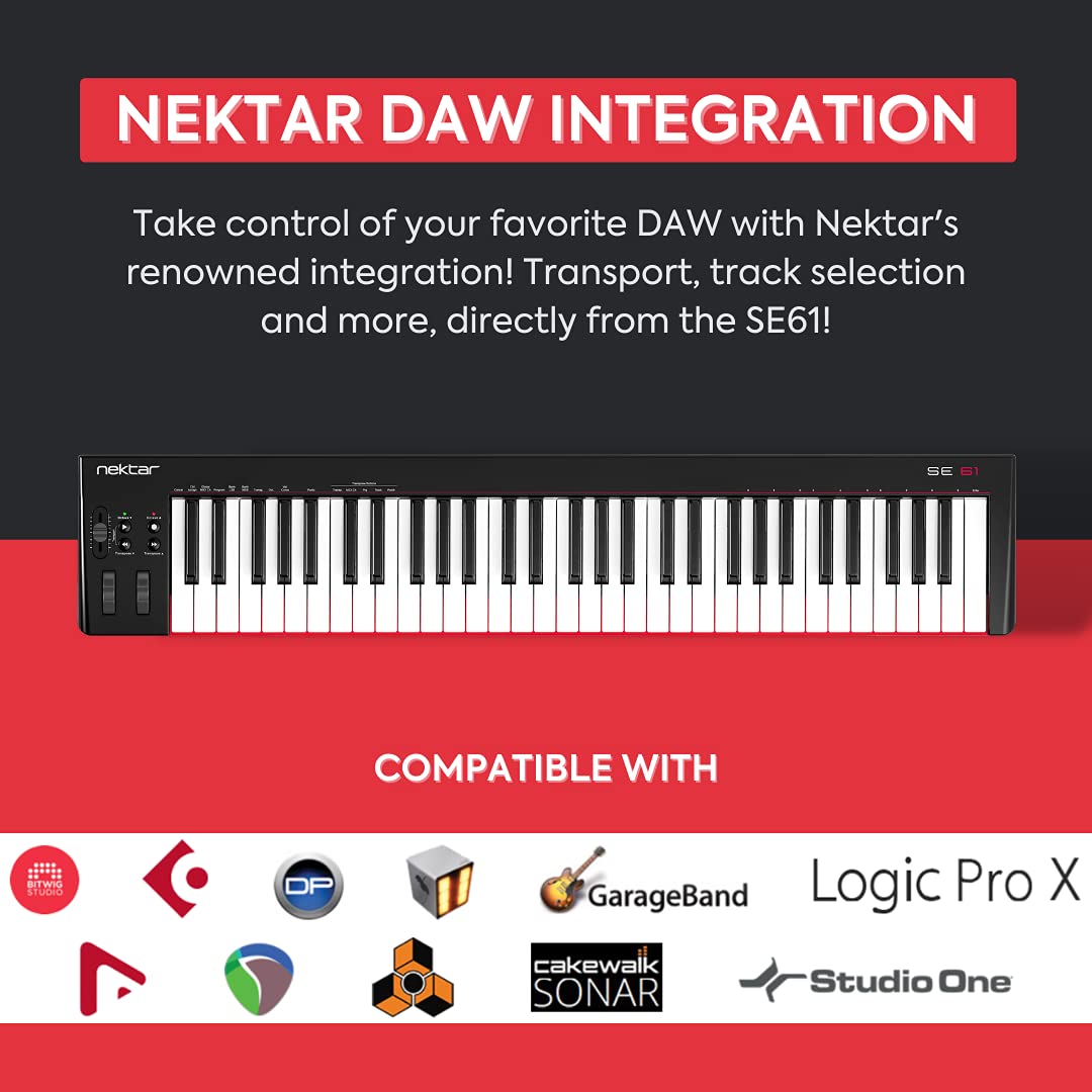 Nektar SE61 USB MIDI Controller Keyboard with DAW Integration - 61-Key Music Production Keyboard for Studio Recording & Live Performance (Black) - Perfect for Home Studios, Beat Making & Electronic Music Production