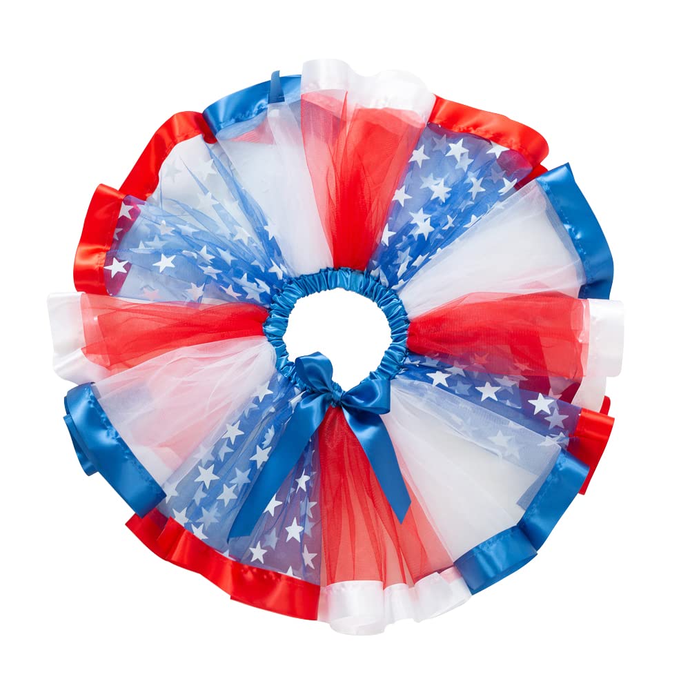 4th of July Girls Tutu Skirt Set - Patriotic Red White Blue US Flag Skirt with Star Necklace & Hair Bows | Independence Day Outfit for Kids, Toddler, Baby | Perfect for Parades, Parties & Photo Shoots
