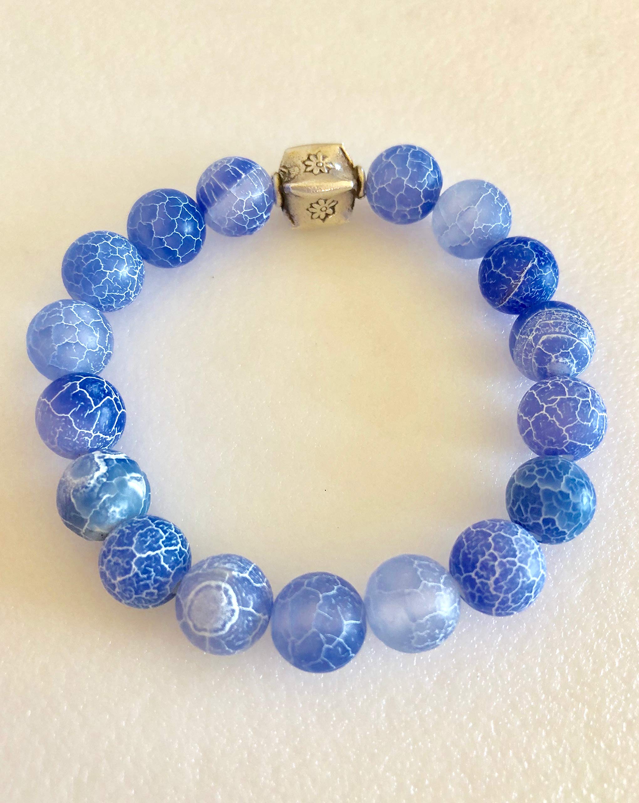Blue Crackle Agate Stretch Bracelet with Sapphire Gemstones & Karen Hill Tribe Silver - Boho Flower Beaded Healing Crystal Jewelry for Meditation, Yoga & Spiritual Wellness