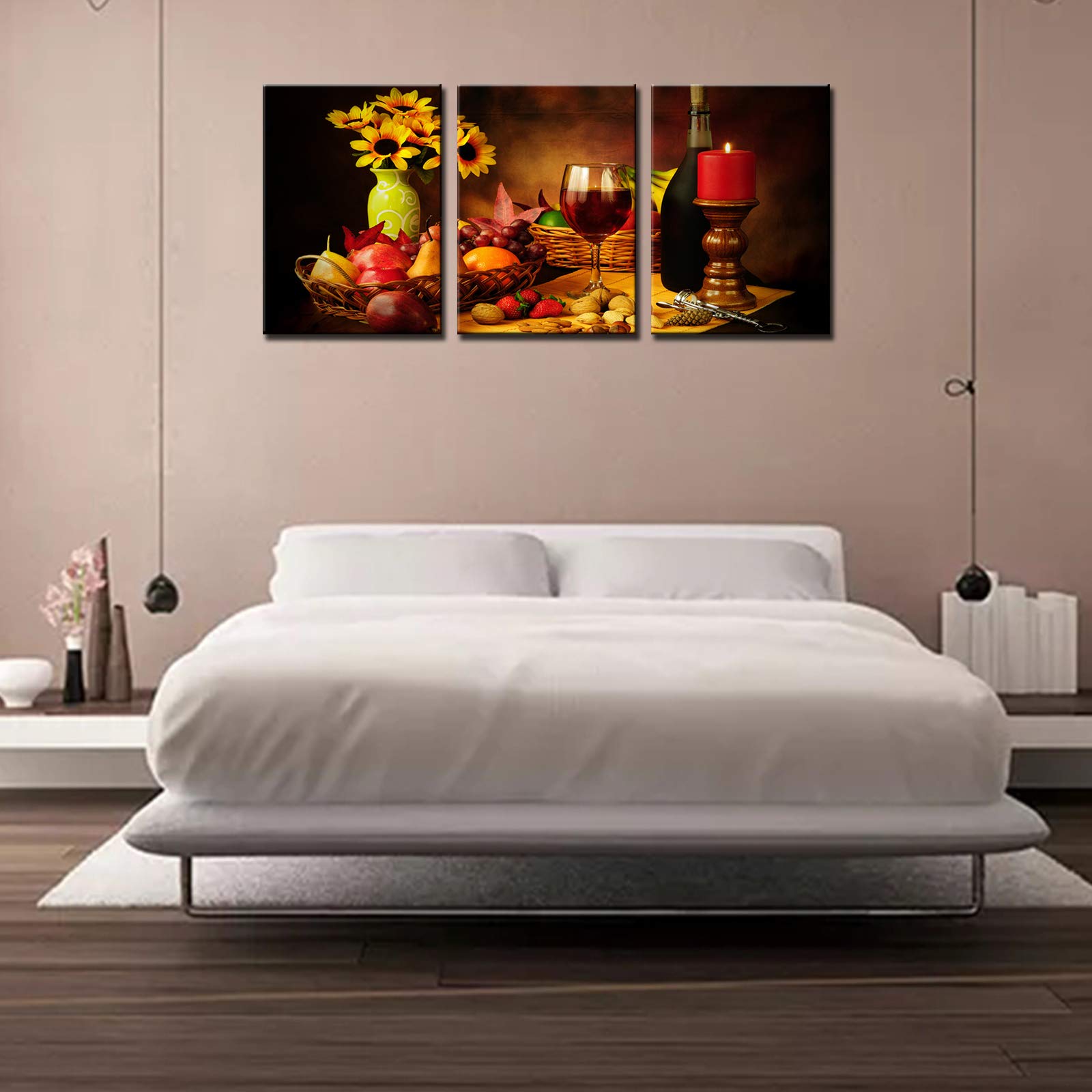 Modern Wine Glass Wall Art Set - 5 Piece Canvas Prints with Sunflower & Candle Decor - Framed Ready to Hang (60''W x 28''H) - Perfect for Living Room, Dining Room, Bar or Kitchen Decor - Red Wine Paintings, Beer Cup & Fruit Artwork for Home & Office
