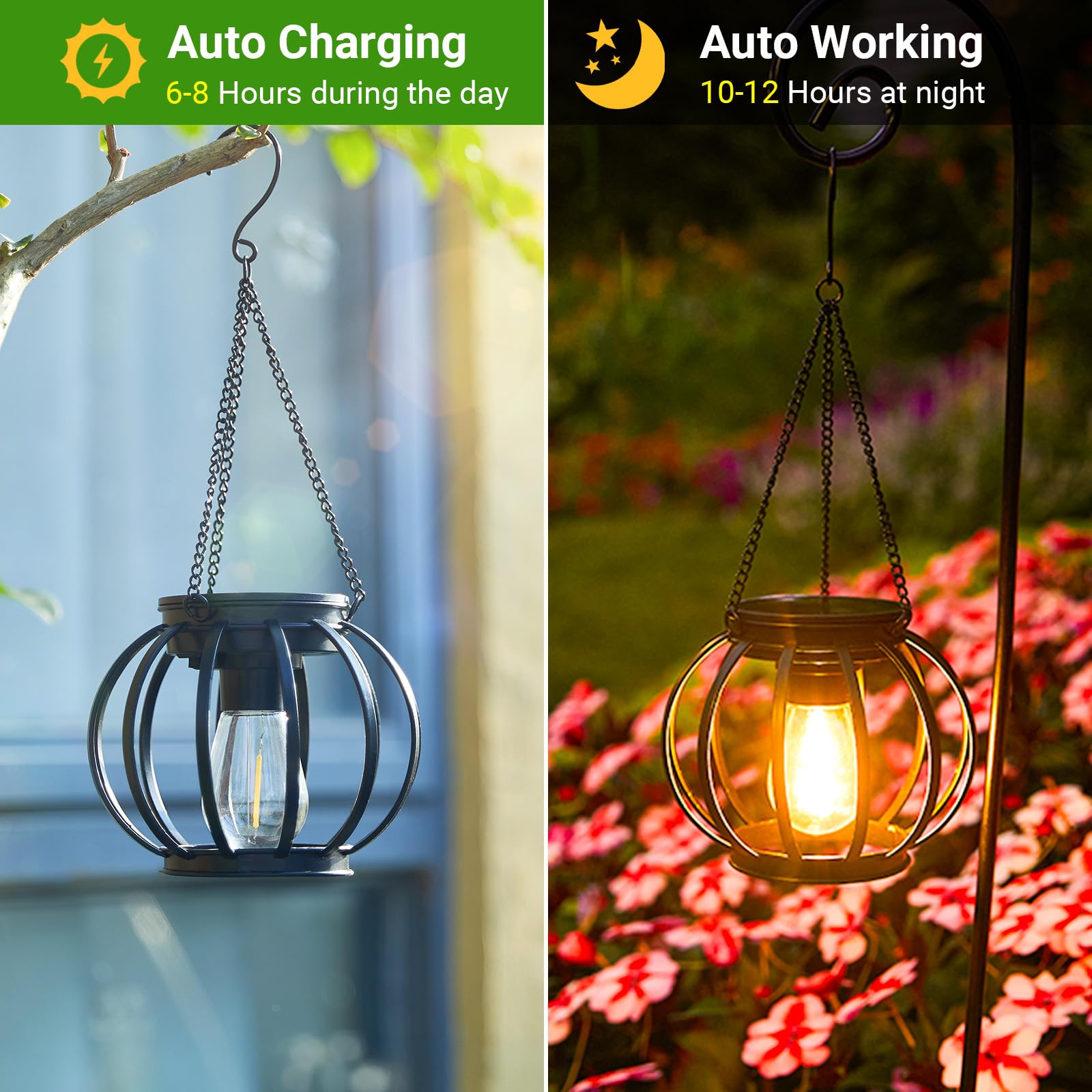 KOOPER Upgraded Metal Solar Lanterns - 2 Pack Waterproof Outdoor Hanging Lights with Auto On/Off, Bright Solar Powered for Yard, Garden, Patio & Pathway Decor | Perfect for Camping, Backyard Parties & Emergency Lighting
