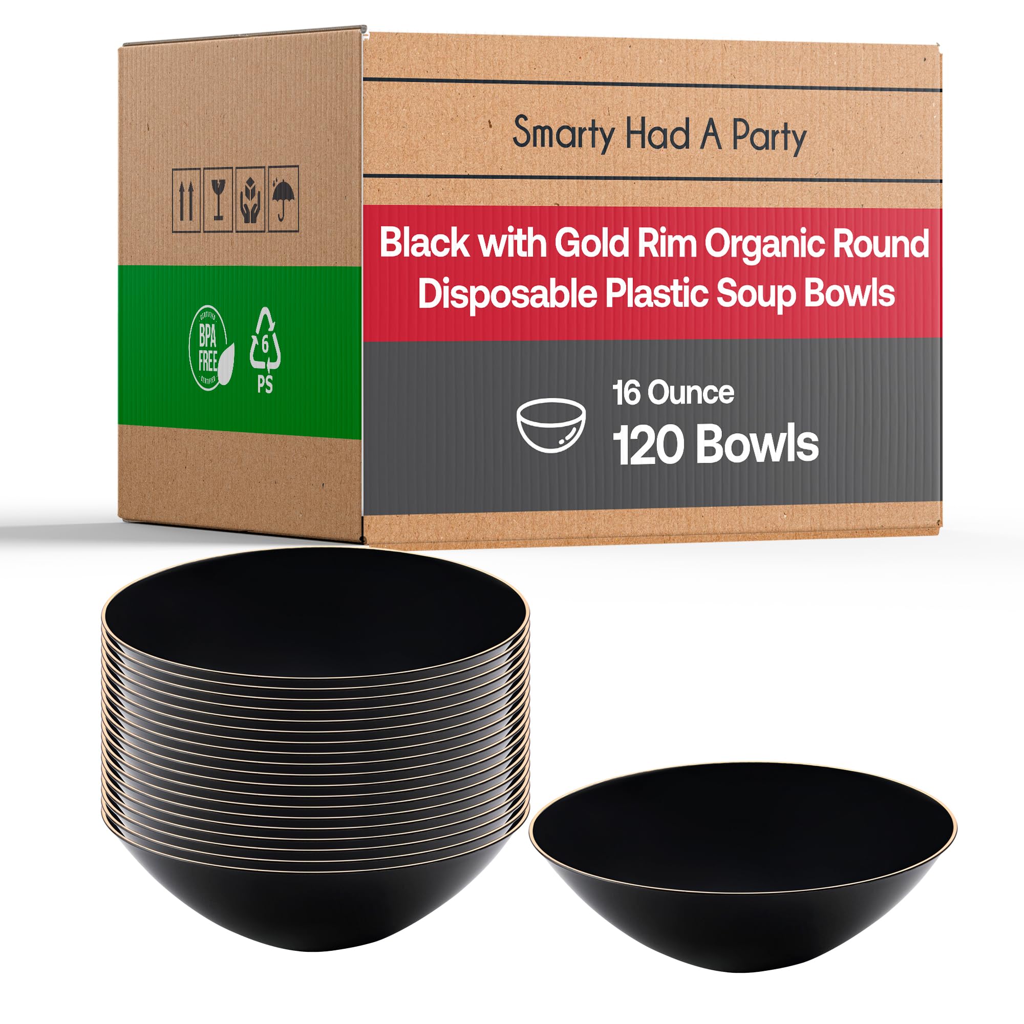 Smarty Had A Party 120 Disposable Plastic Plates with Elegant Rim Design, 16 oz Black & Gold Soup Bowls - Round Dinnerware Set for Weddings, Birthdays, Parties & Special Occasions | Perfect for Catering, Events & Home Entertaining