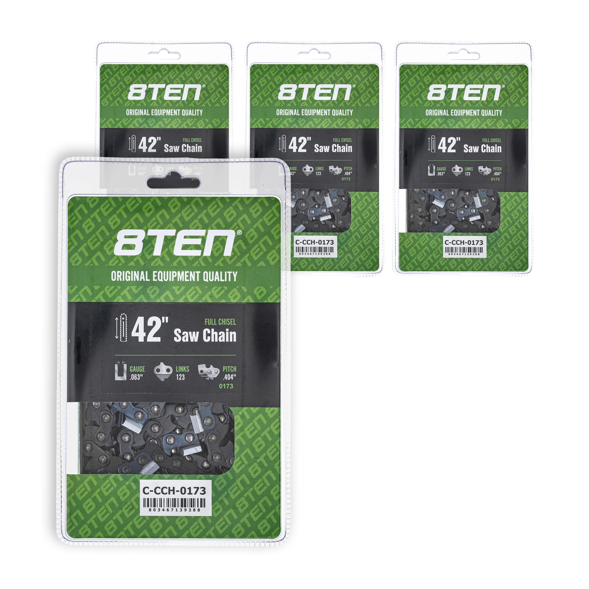 8TEN Full Chisel Chainsaw Chain 42 Inch .063 .404 123DL 4 Pack - High Performance Replacement Chains for Professional Logging and Tree Cutting