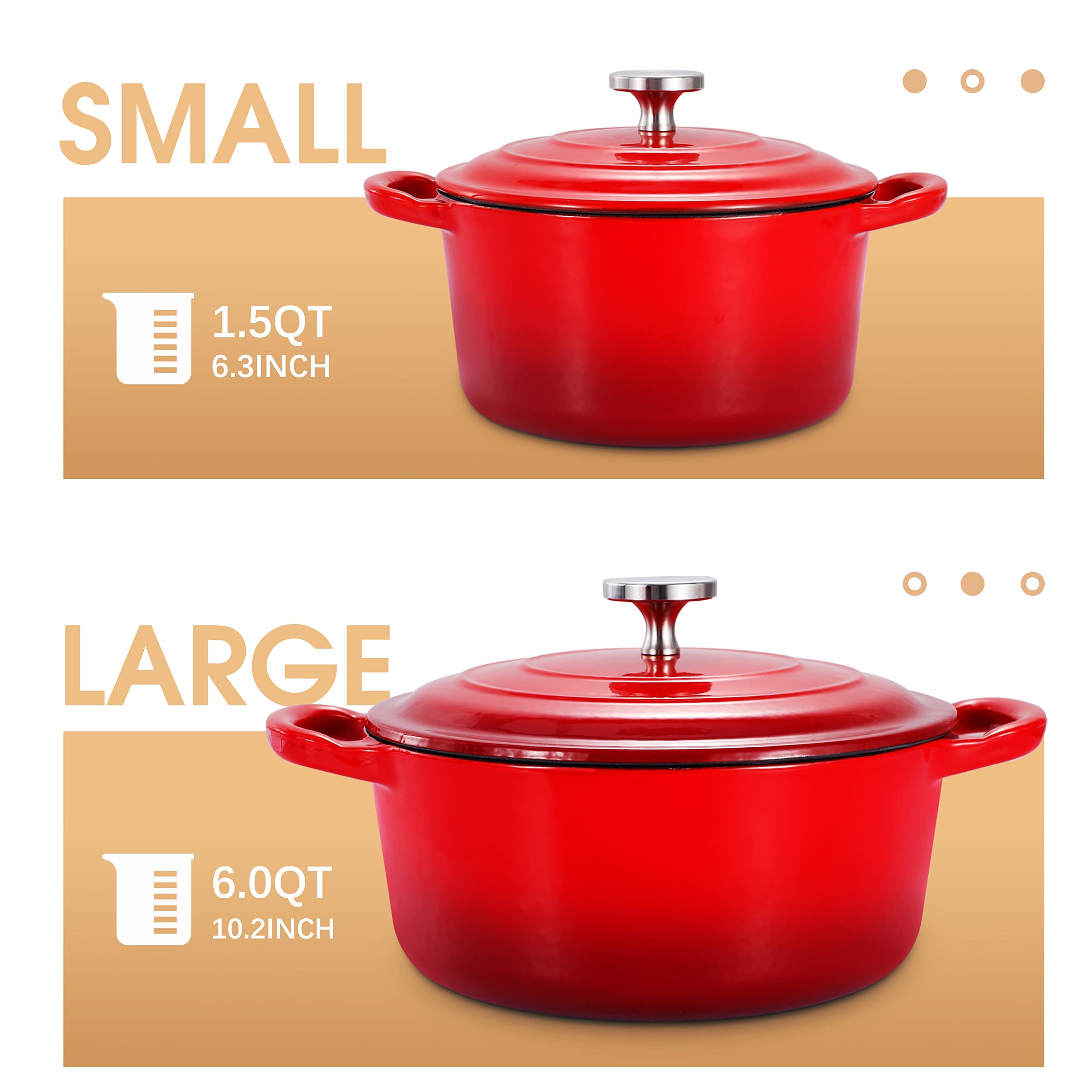 Premium Enameled Cast Iron Dutch Oven Set with Lids - 2-Piece Nonstick Cookware (6QT & 1.5QT) for Baking Bread, Braising, Stewing & Slow Cooking - Vibrant Red Enameled Pots for Oven, Stovetop & Camping Use