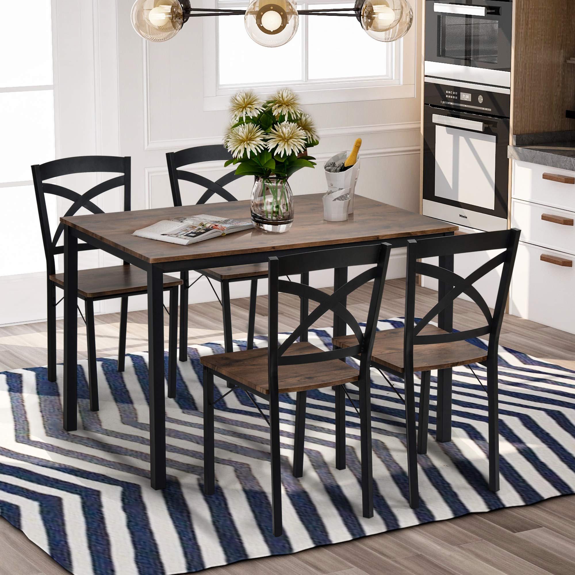 Goujxcy 5-Piece Industrial Dining Table Set - Solid Wood Table with Metal Frame & 4 Matching Chairs - Rustic Kitchen Dining Set for 4 People - Perfect for Small Spaces, Apartments & Farmhouse Style Homes