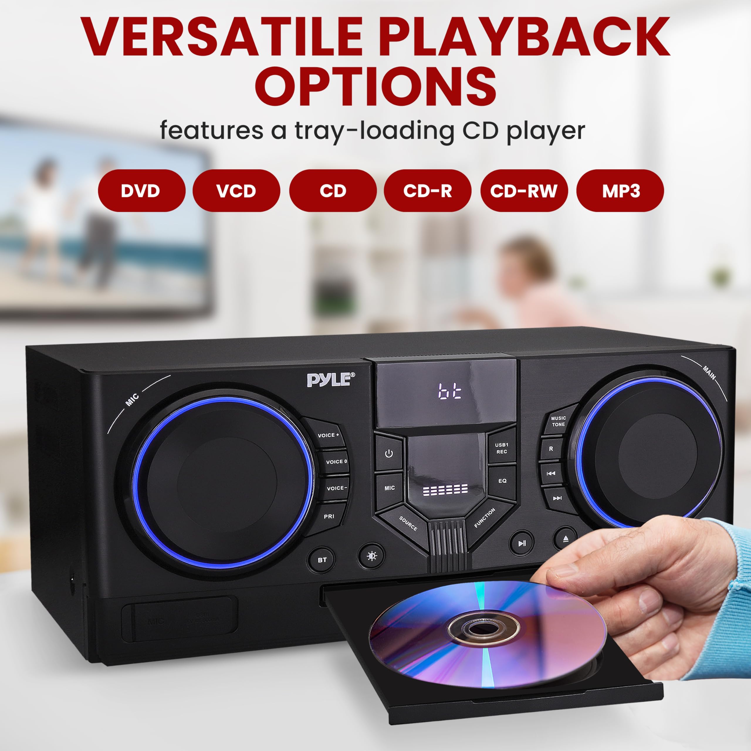 Pyle Bluetooth CD Stereo System with MP3/DVD/CD Playback, Dual USB Recording, Built-in Speakers & Subwoofer - 160W Digital Amplifier, FM Radio, Remote Control - Perfect for Home Entertainment & Party Music System