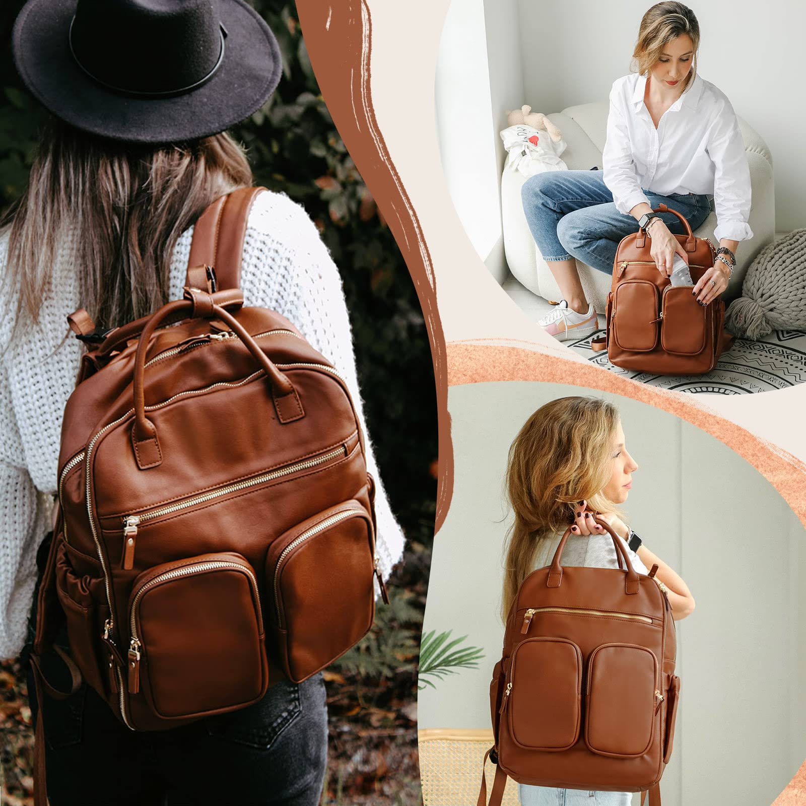 Premium Leather Diaper Backpack for Moms - 18 Pockets, Large Wet Bag & 4 Insulated Pockets | Waterproof Baby Bag for Travel, Daycare & Stroller Use | Stylish Diaper Bag for Women (Brown)