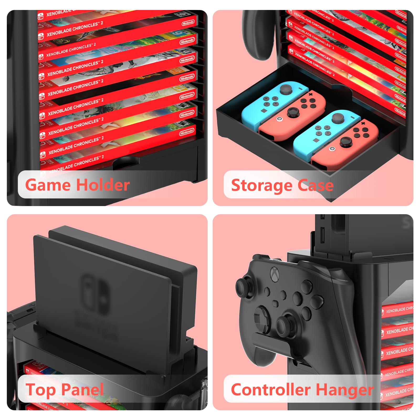 Premium Nintendo Switch/OLED Game Storage Tower - 10 Game Case Holder, 4 Controller Stand & Joy-Con Drawer | Compact Organizer for Switch Accessories | Perfect for Gaming Setup & Travel Storage